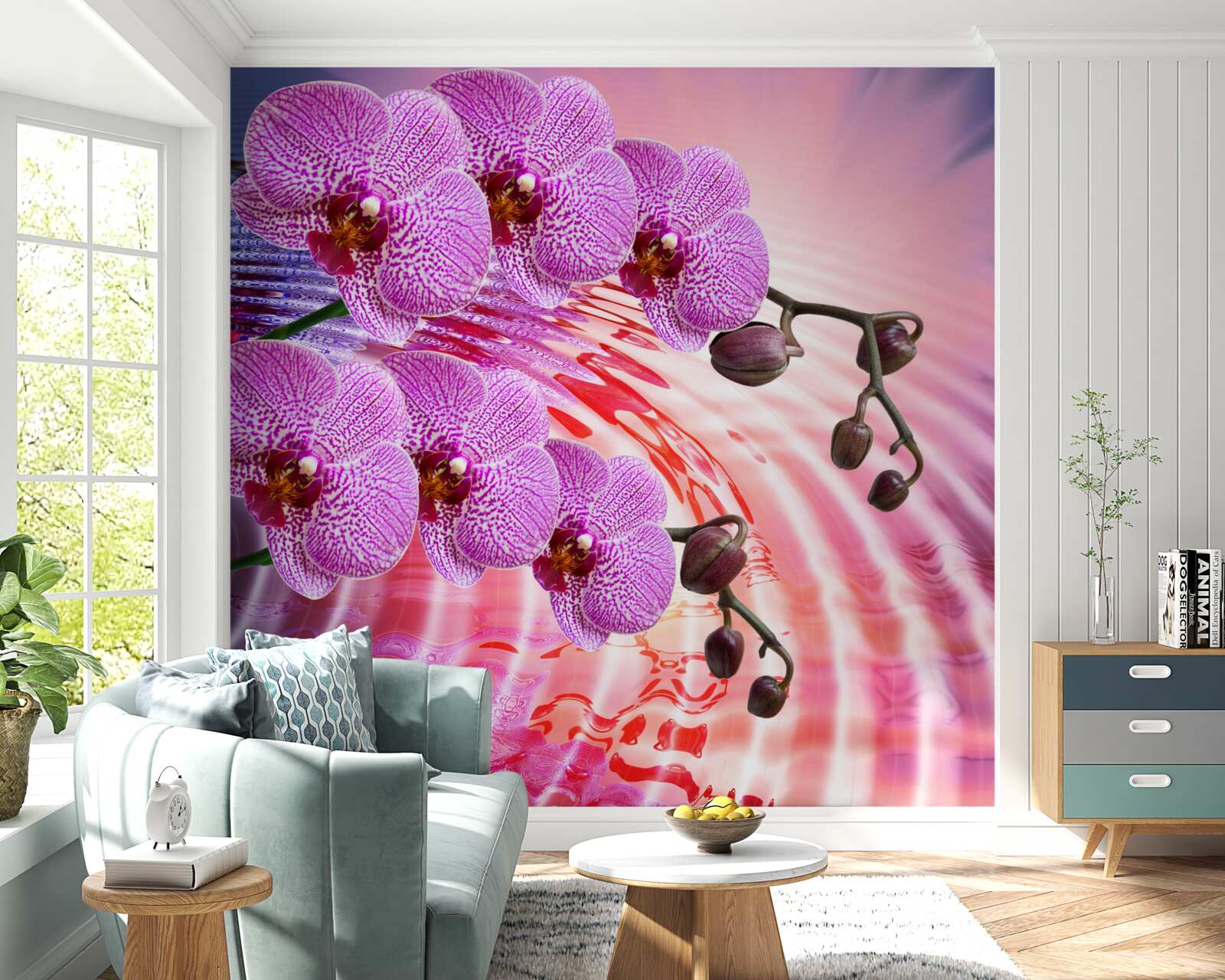 Papier peint reflet d'une orchidée léopard avec des branches lilas