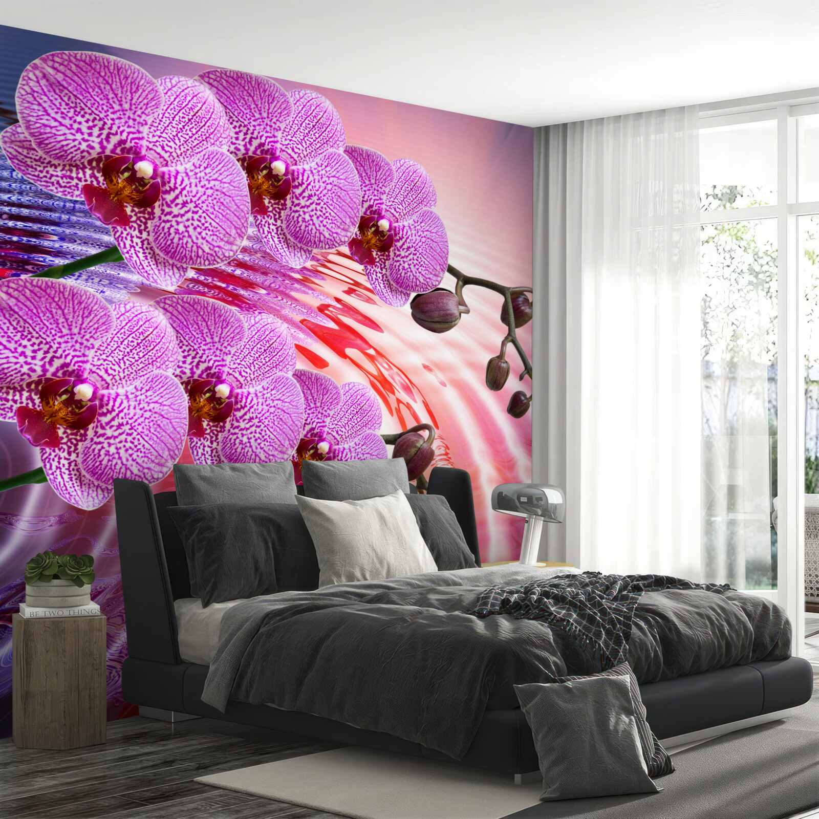 Papier peint reflet d'une orchidée léopard avec des branches lilas
