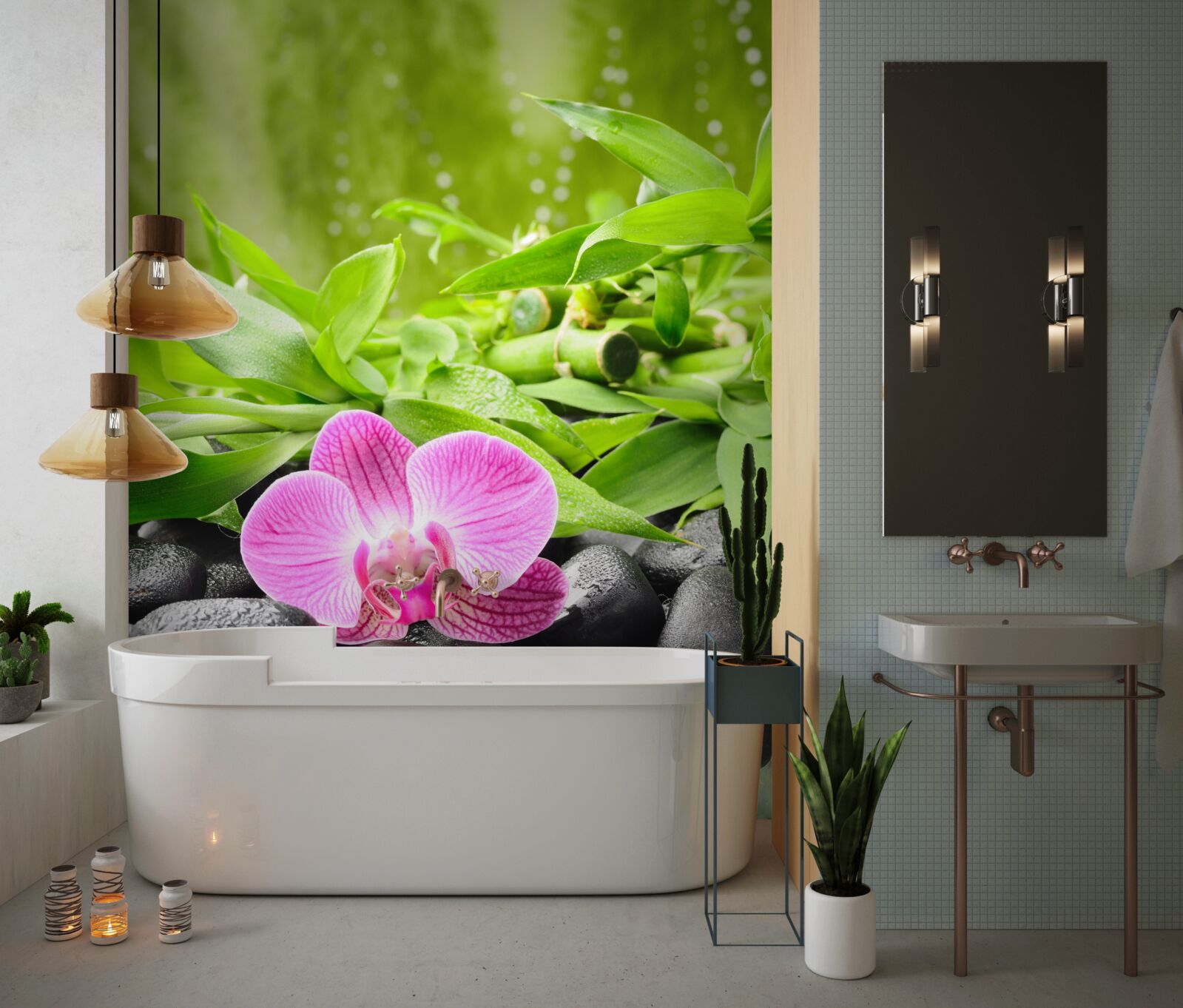 Papier peint orchidée gracieusement posée sur une pierre sombre près de l'eau