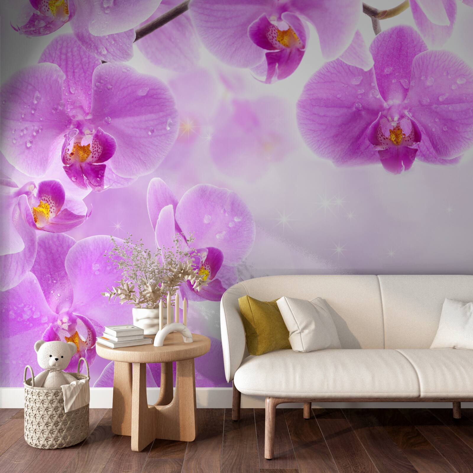 Papier peint de grandes orchidées violettes ont fleuri sur la branche