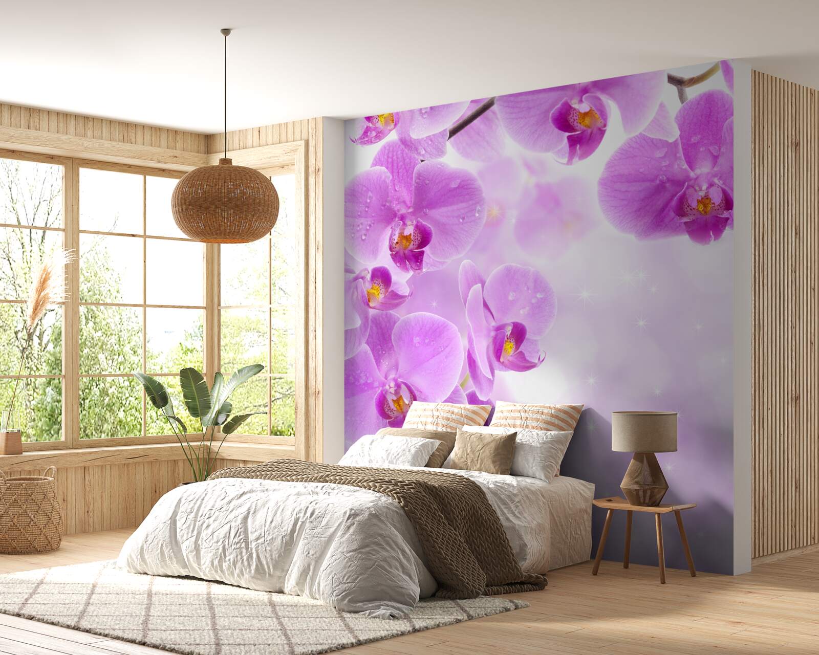 Papier peint de grandes orchidées violettes ont fleuri sur la branche