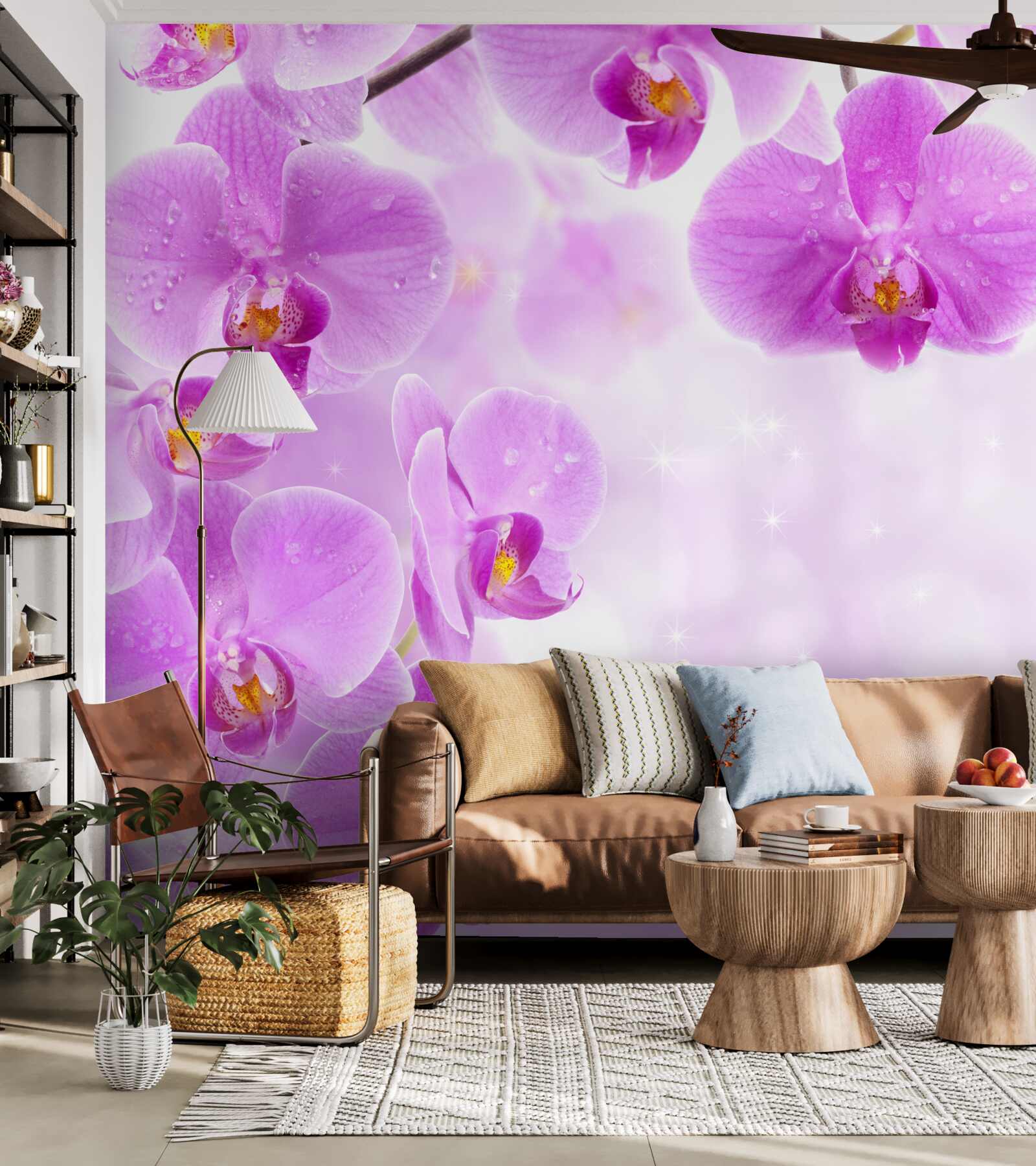 Papier peint de grandes orchidées violettes ont fleuri sur la branche