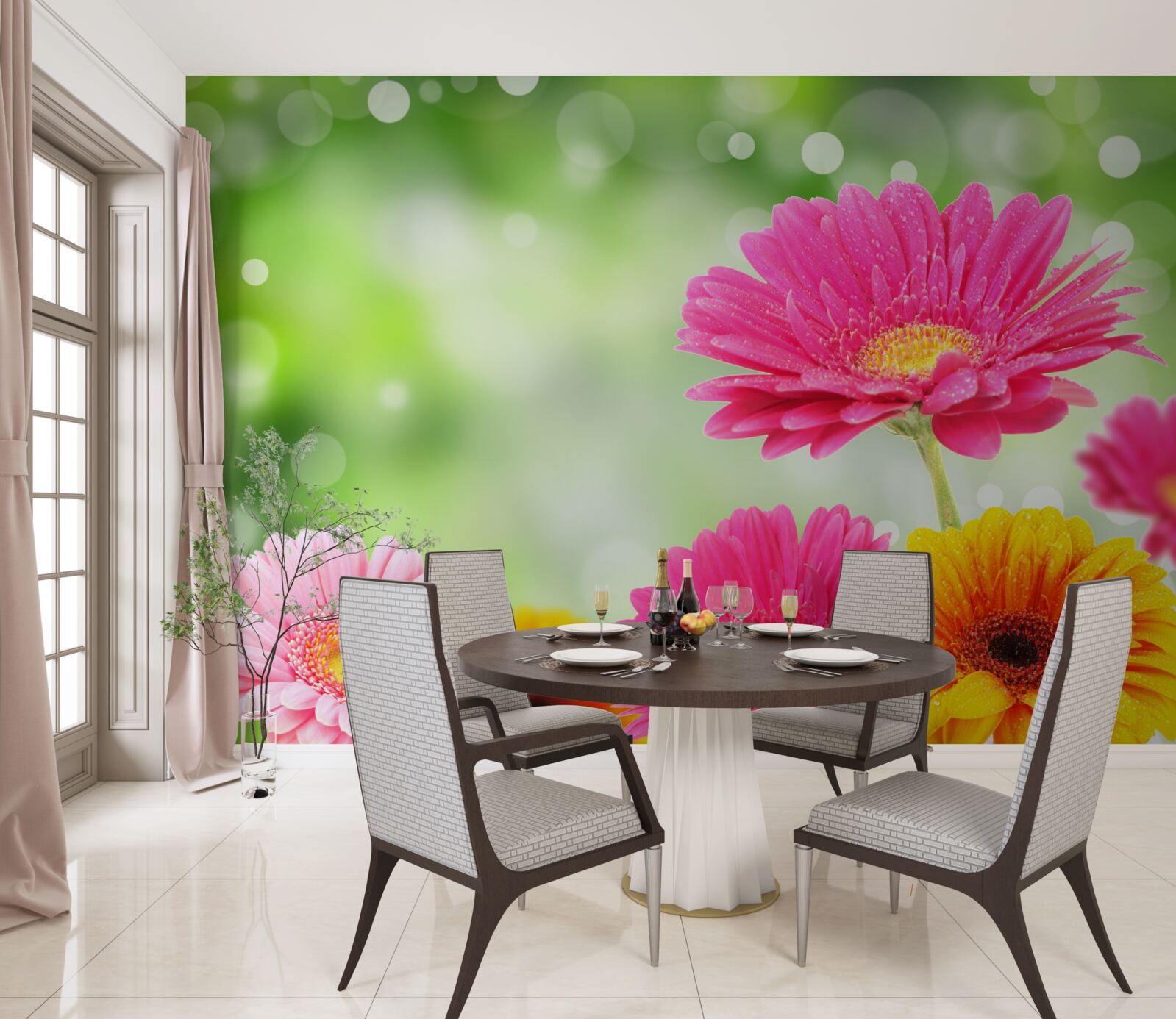 Papier peint les gerberas brillent sous les gouttes de pluie