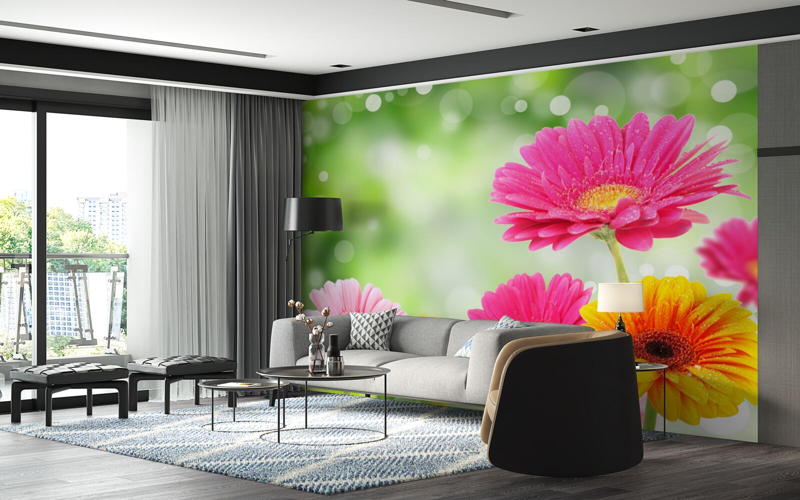 Papier peint les gerberas brillent sous les gouttes de pluie