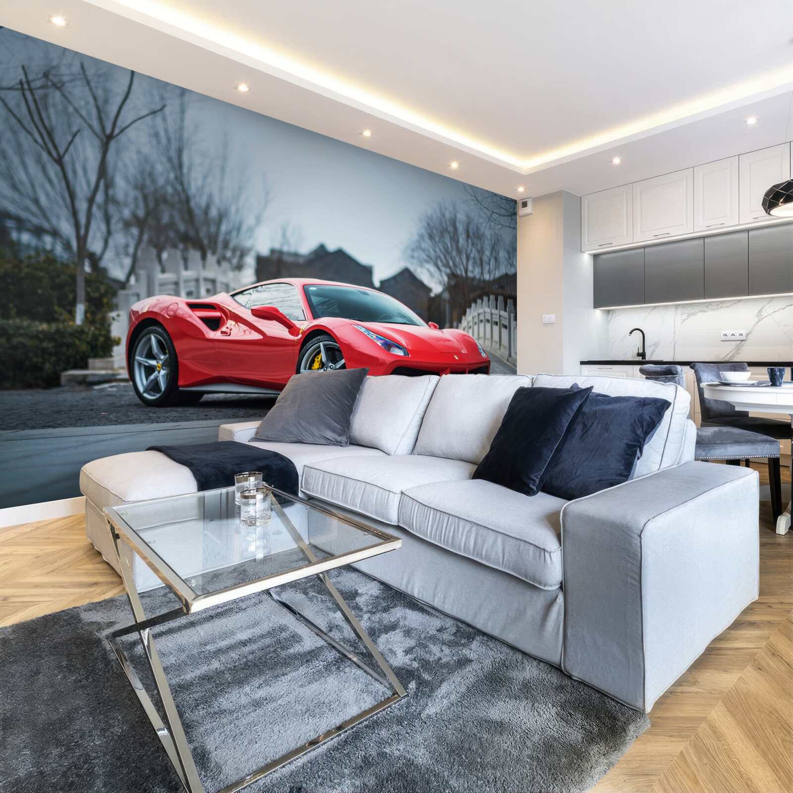 Papier peint une magnifique ferrari rouge écarlate par temps de pluie