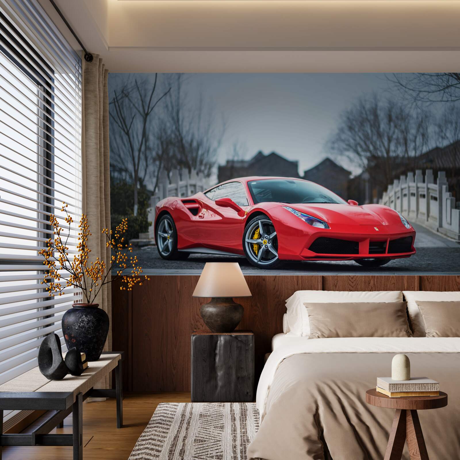 Papier peint une magnifique ferrari rouge écarlate par temps de pluie