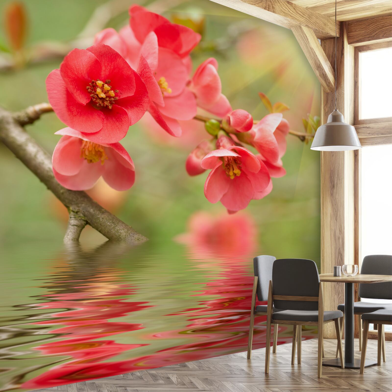 Papier peint les fleurs de sakura écarlates scintillent au bord de l'eau par une journée ensoleillée