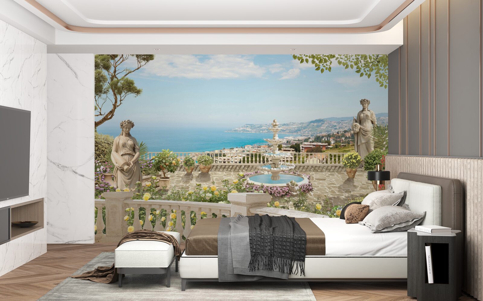 Papier peint terrasse panoramique en pierre avec fontaine et vue sur l'océan