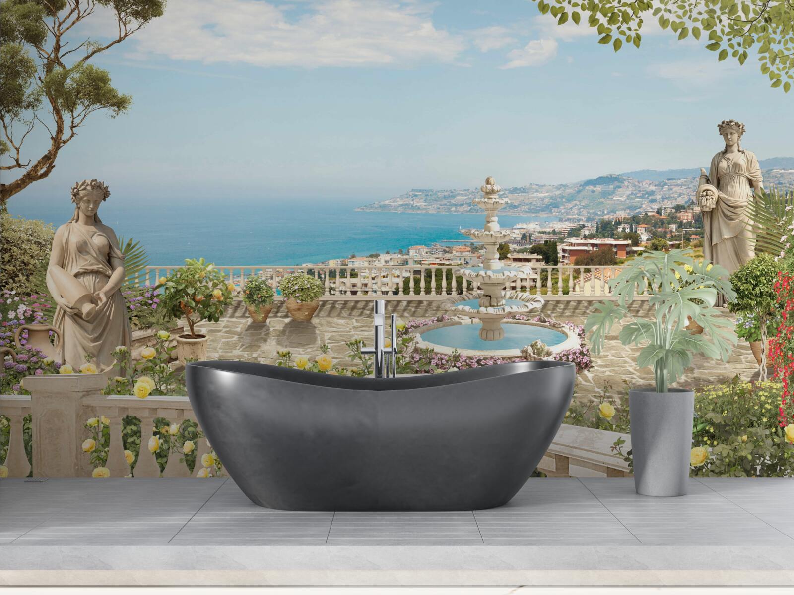 Papier peint terrasse panoramique en pierre avec fontaine et vue sur l'océan