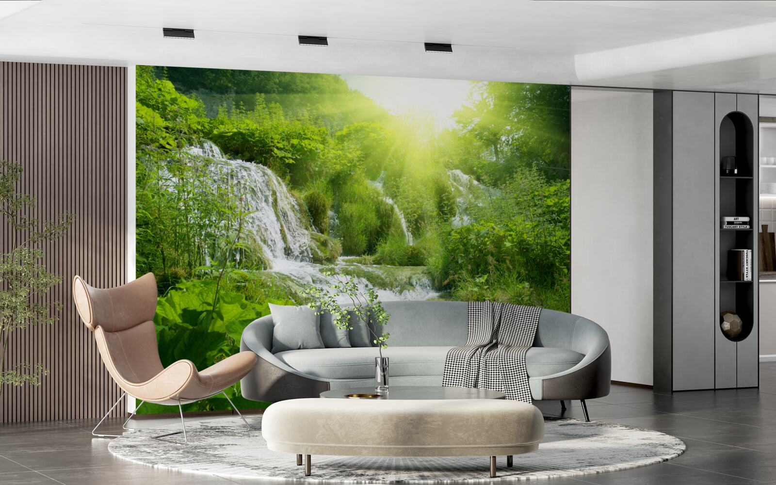 Papier peint un soleil aveuglant illumine une cascade écumante