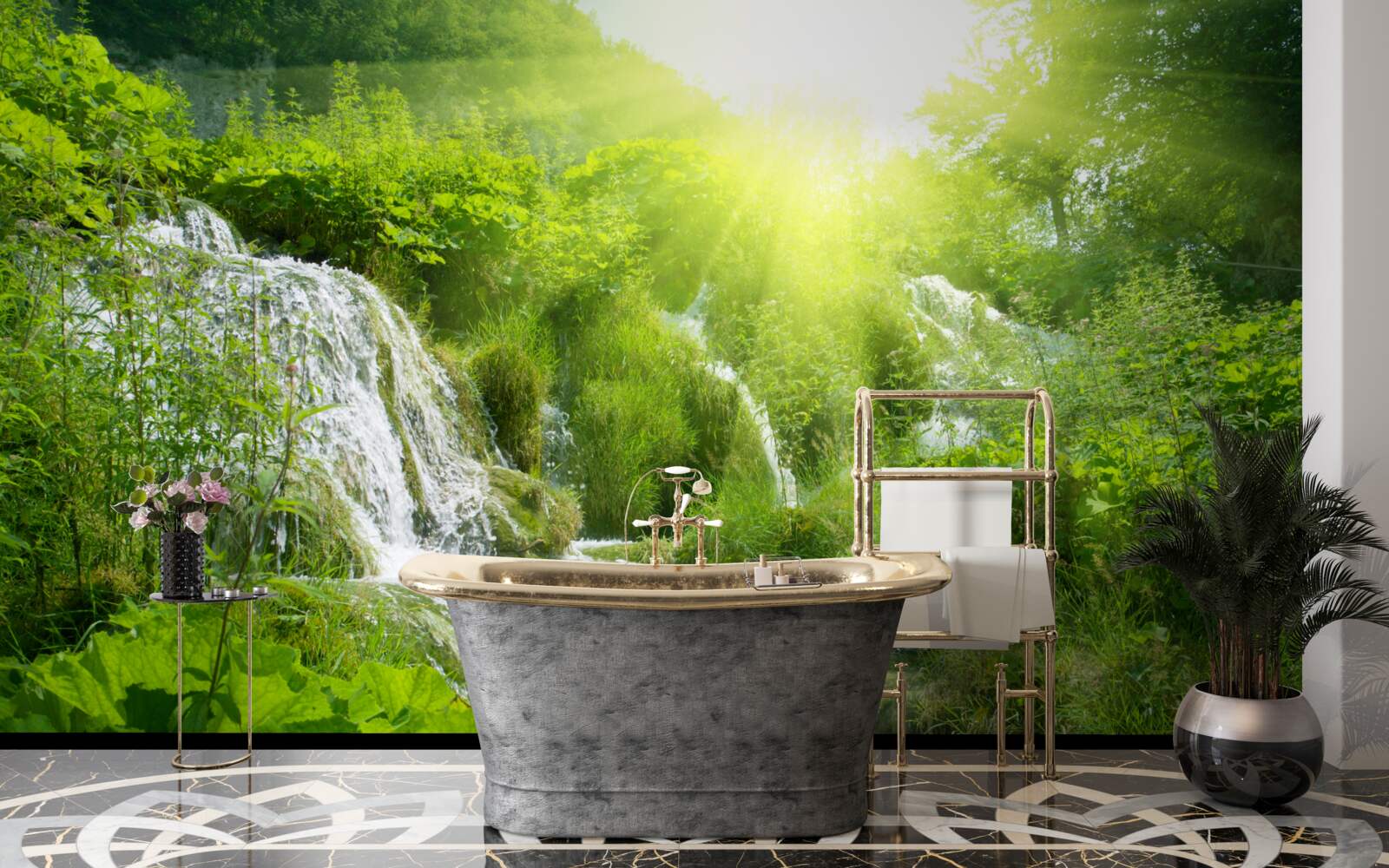 Papier peint un soleil aveuglant illumine une cascade écumante