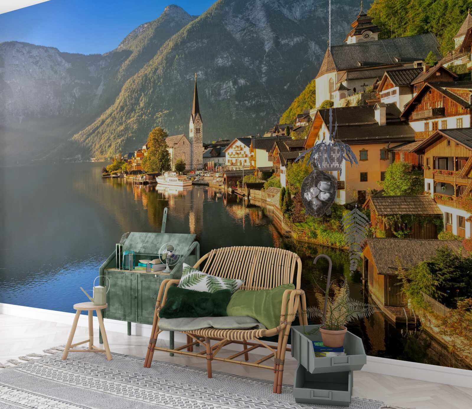 Papier peint un village suisse entouré d'étangs et de montagnes
