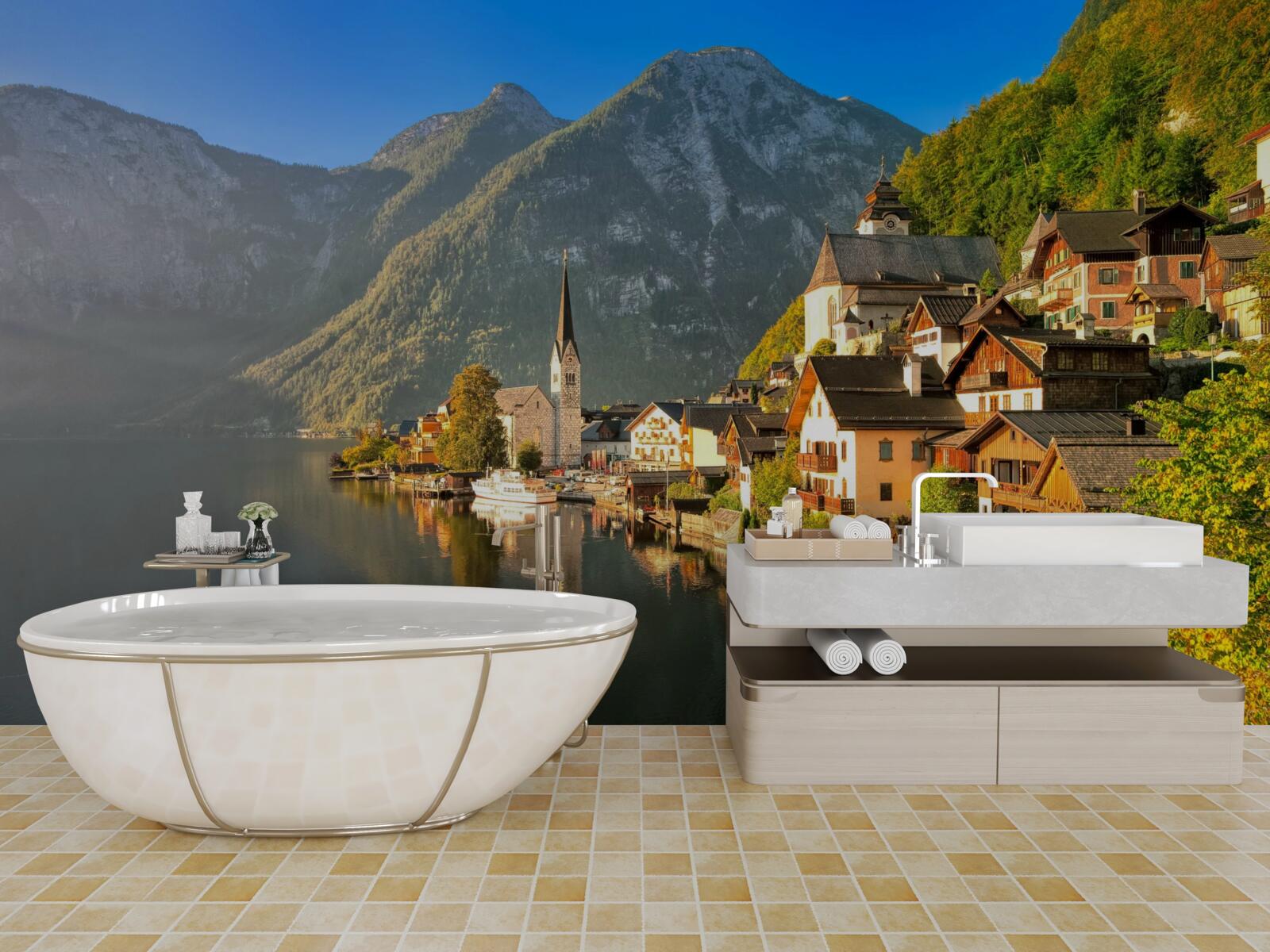 Papier peint un village suisse entouré d'étangs et de montagnes