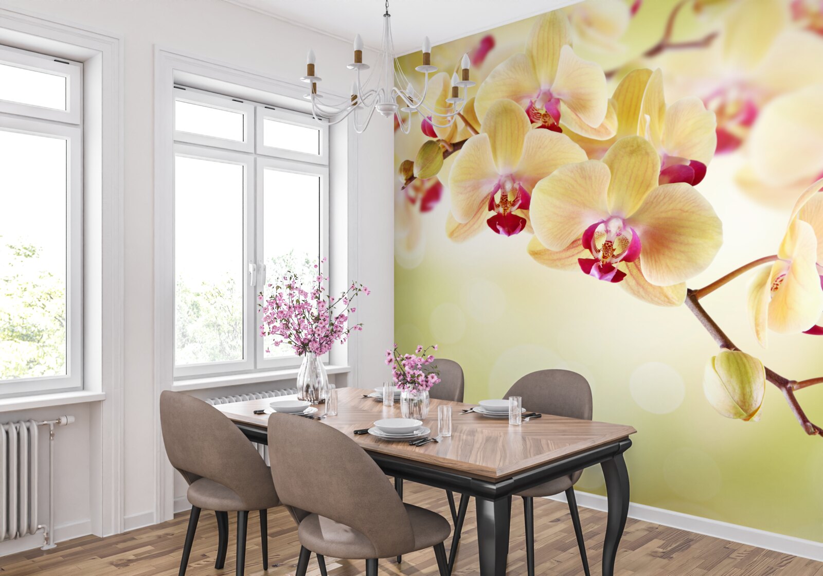 Papier peint orchidée douce et crémeuse avec des bourgeons gracieux