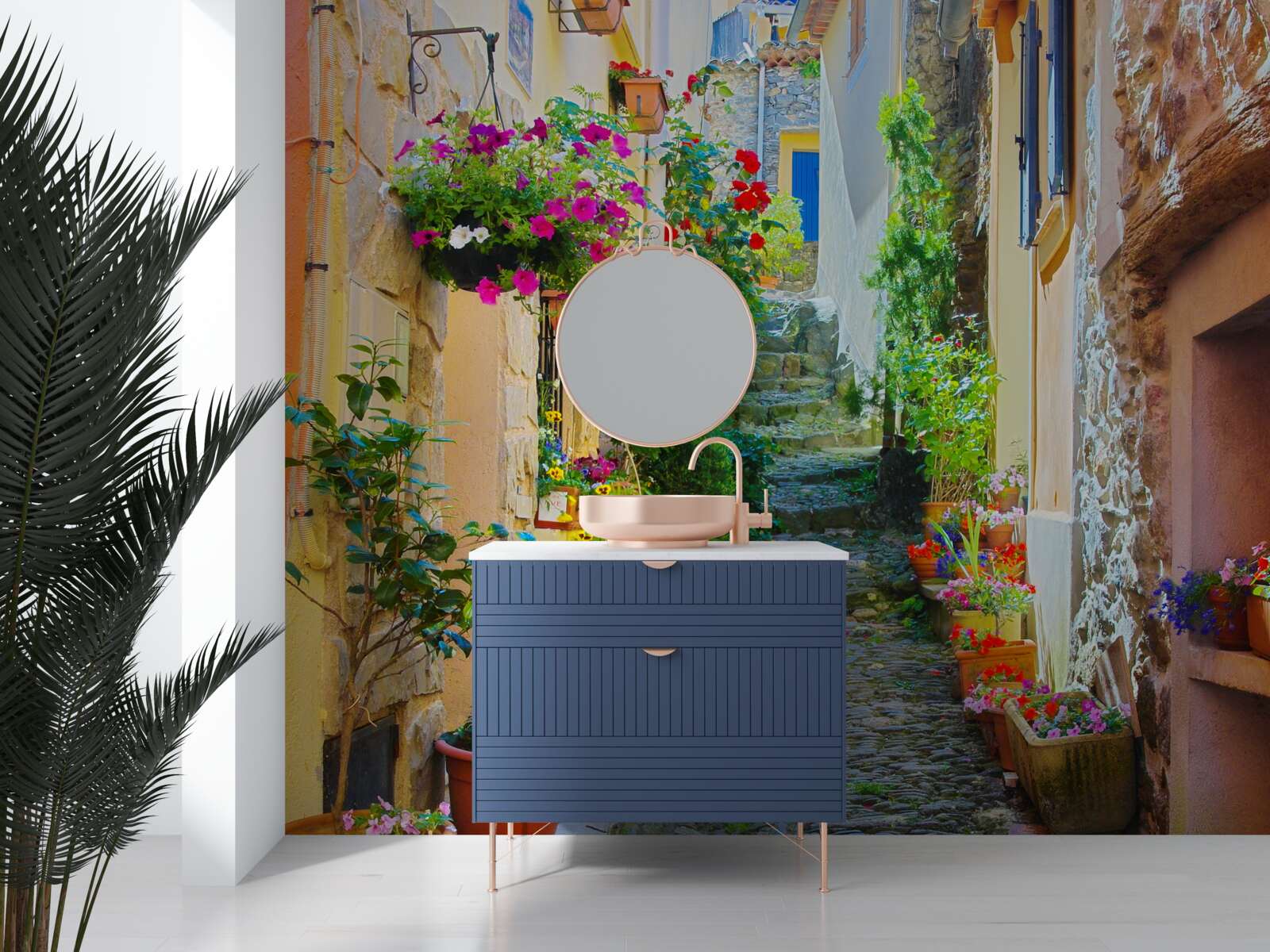 Papier peint une rue étroite et accueillante de la vieille ville, entourée de fleurs