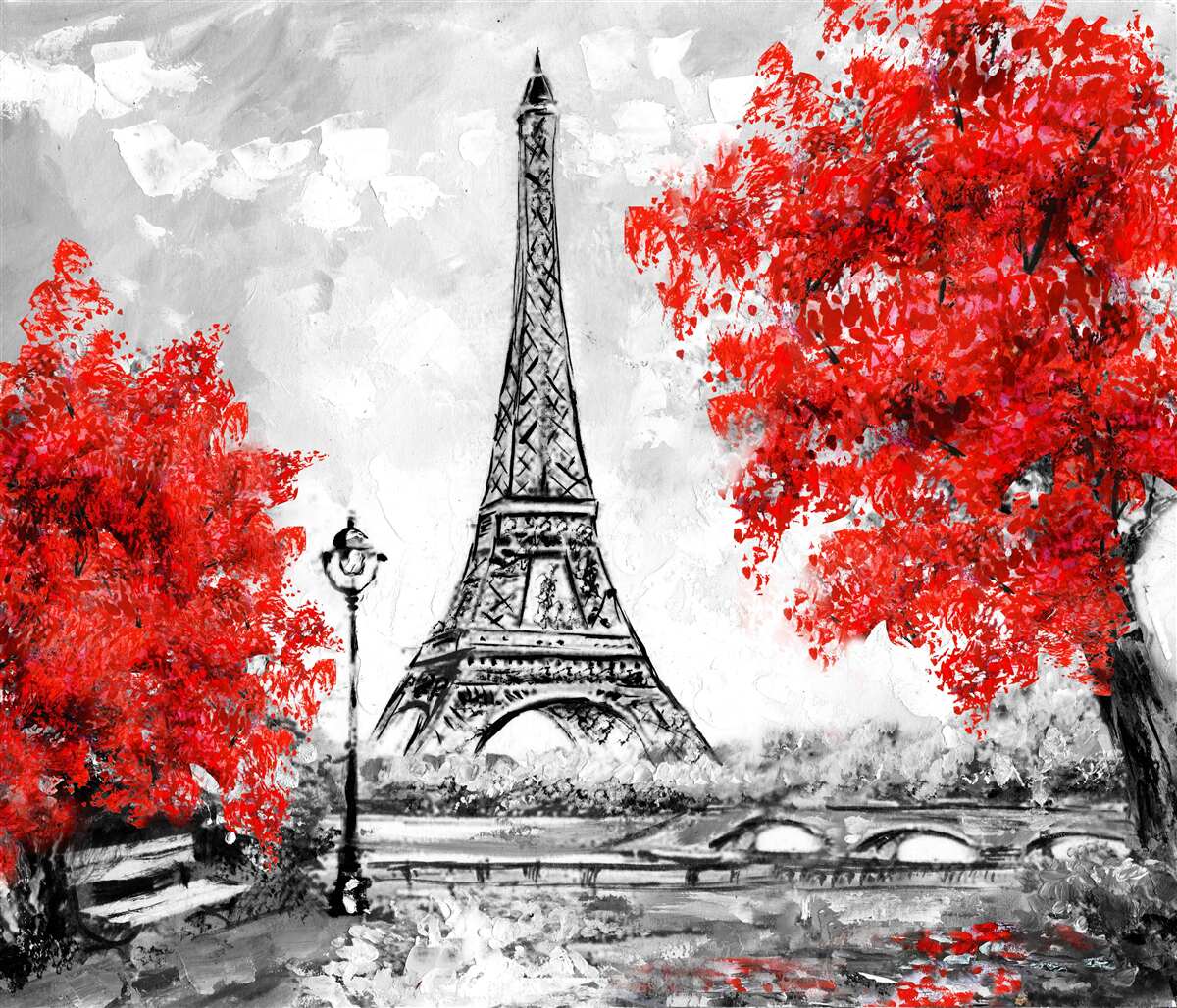 Papier peint arbres à feuilles rouges denses près de la tour de Paris