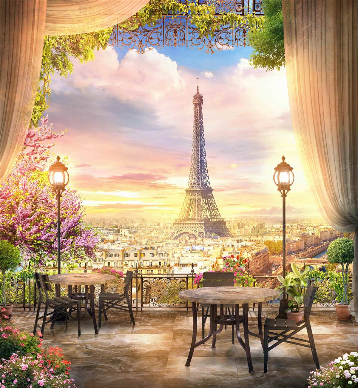 Papier peint les tables basses avec vue sur la tour eiffel créent une atmosphère chaleureuse