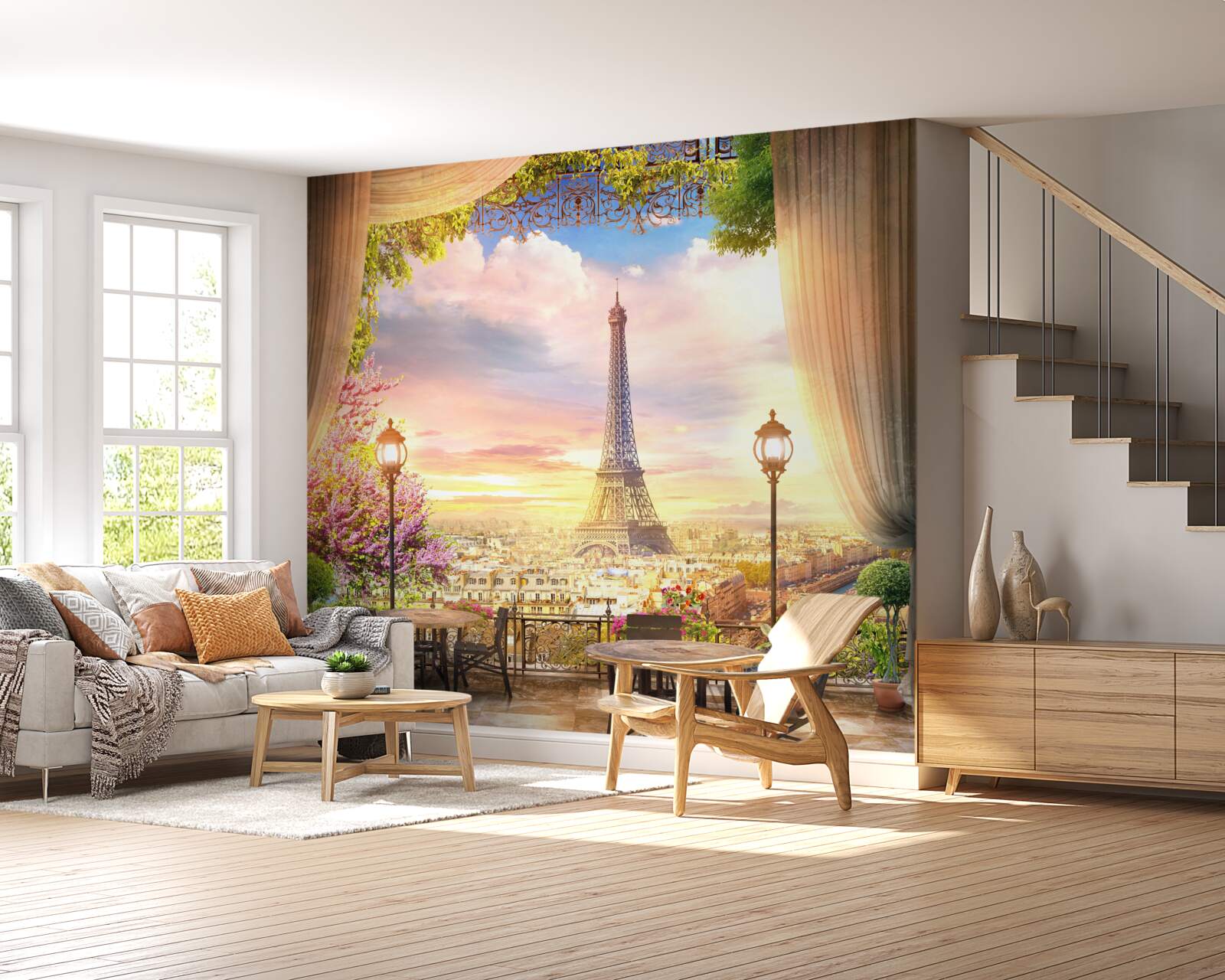 Papier peint les tables basses avec vue sur la tour eiffel créent une atmosphère chaleureuse