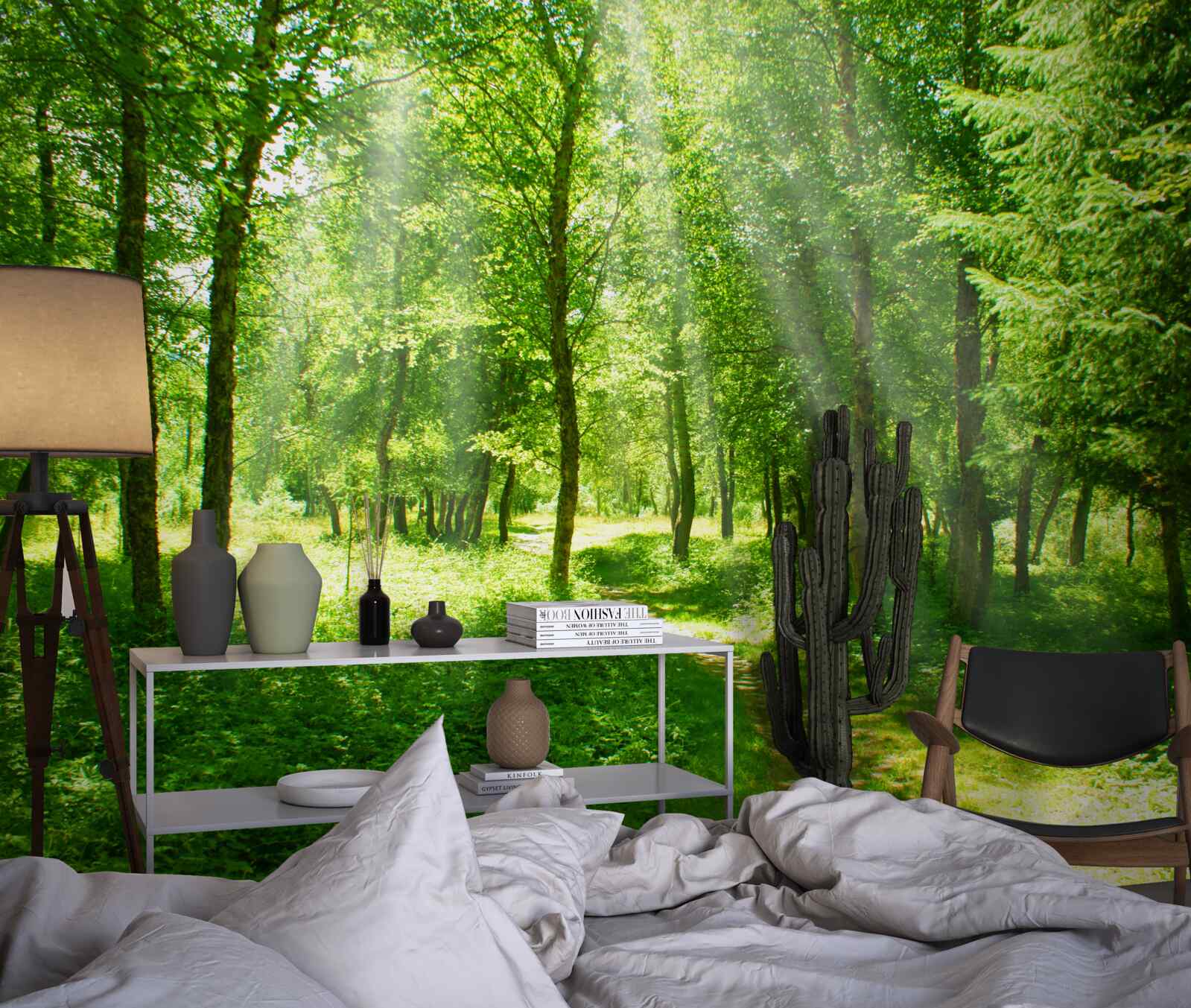 Papier peint les rayons du soleil percent le vert dense de la jeune forêt