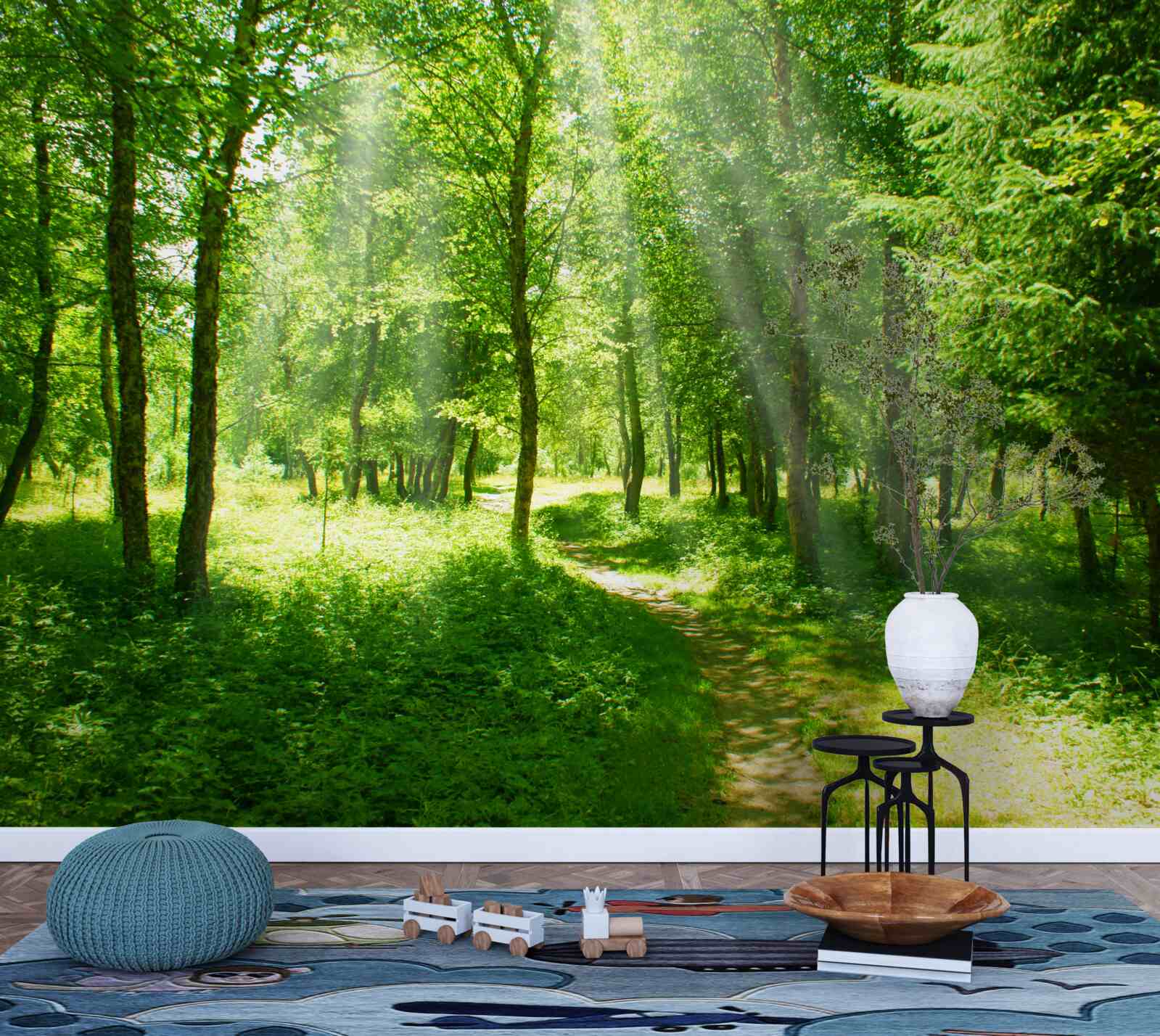 Papier peint les rayons du soleil percent le vert dense de la jeune forêt