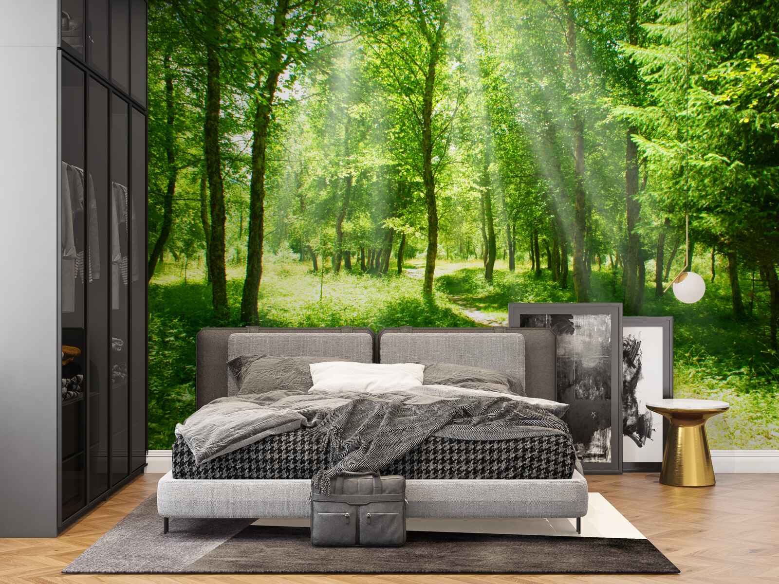 Papier peint les rayons du soleil percent le vert dense de la jeune forêt