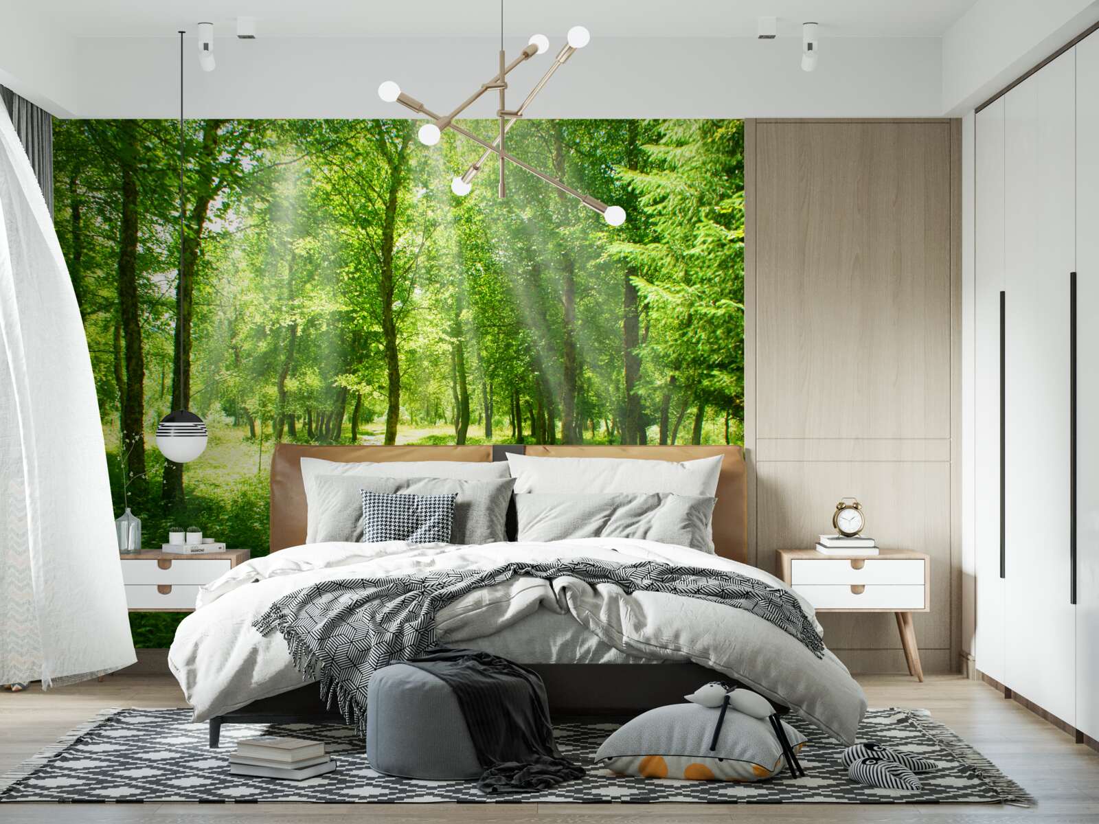 Papier peint les rayons du soleil percent le vert dense de la jeune forêt
