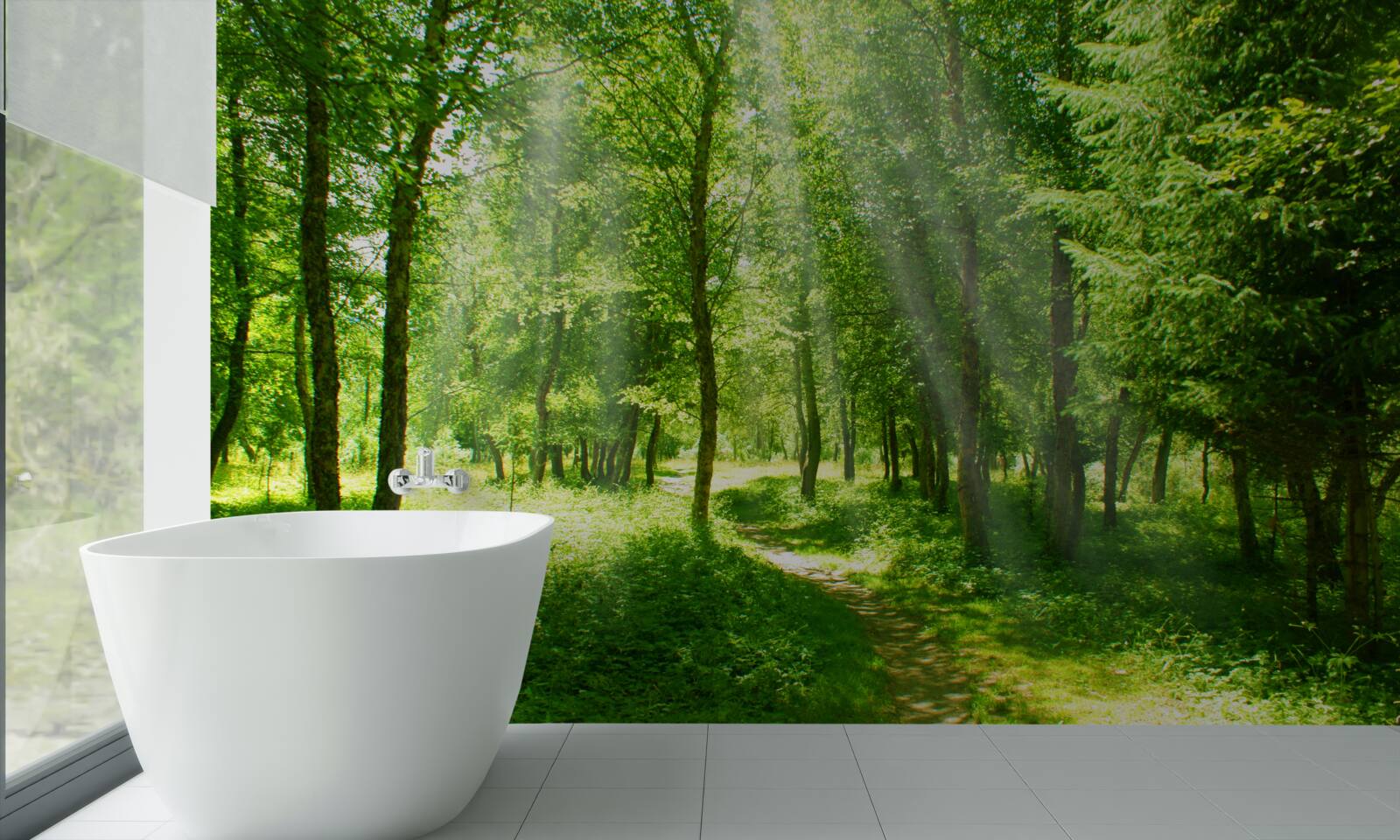 Papier peint les rayons du soleil percent le vert dense de la jeune forêt