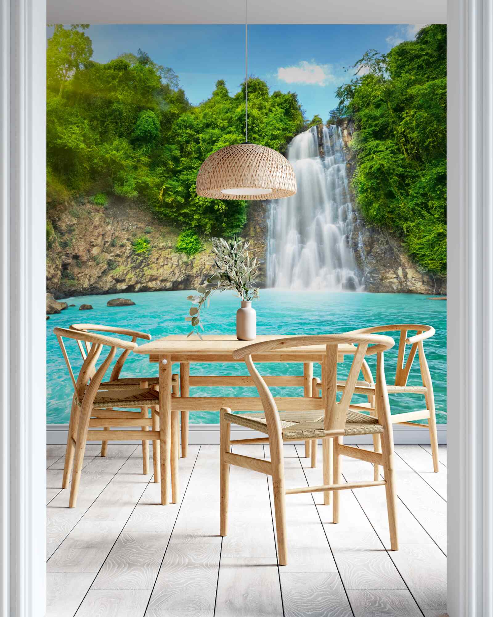 Papier peint une gracieuse cascade se jette dans un lac bleu