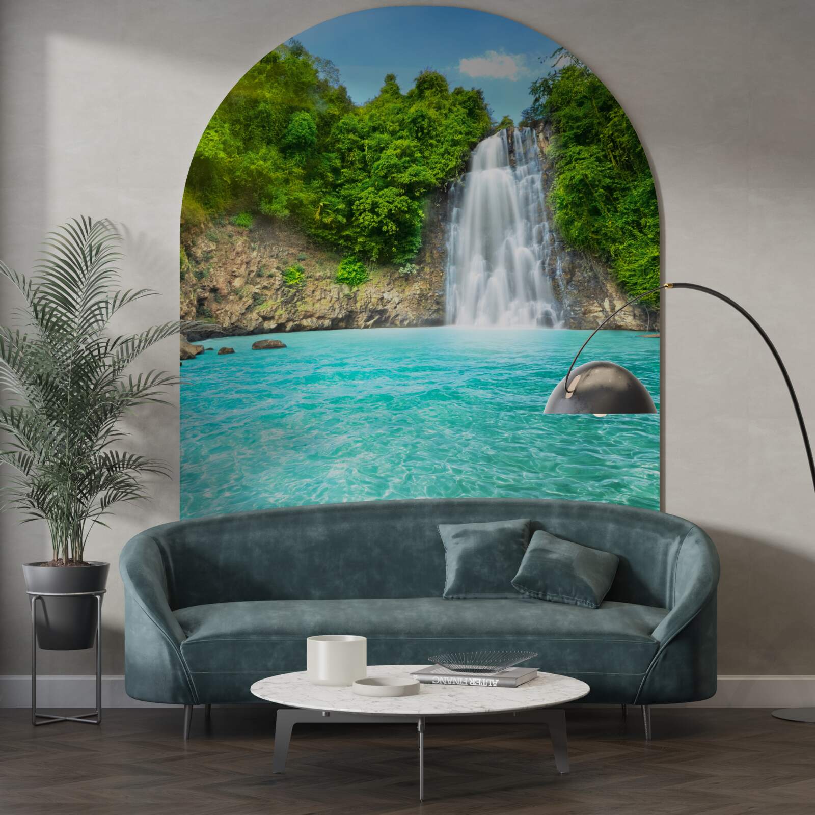Papier peint une gracieuse cascade se jette dans un lac bleu