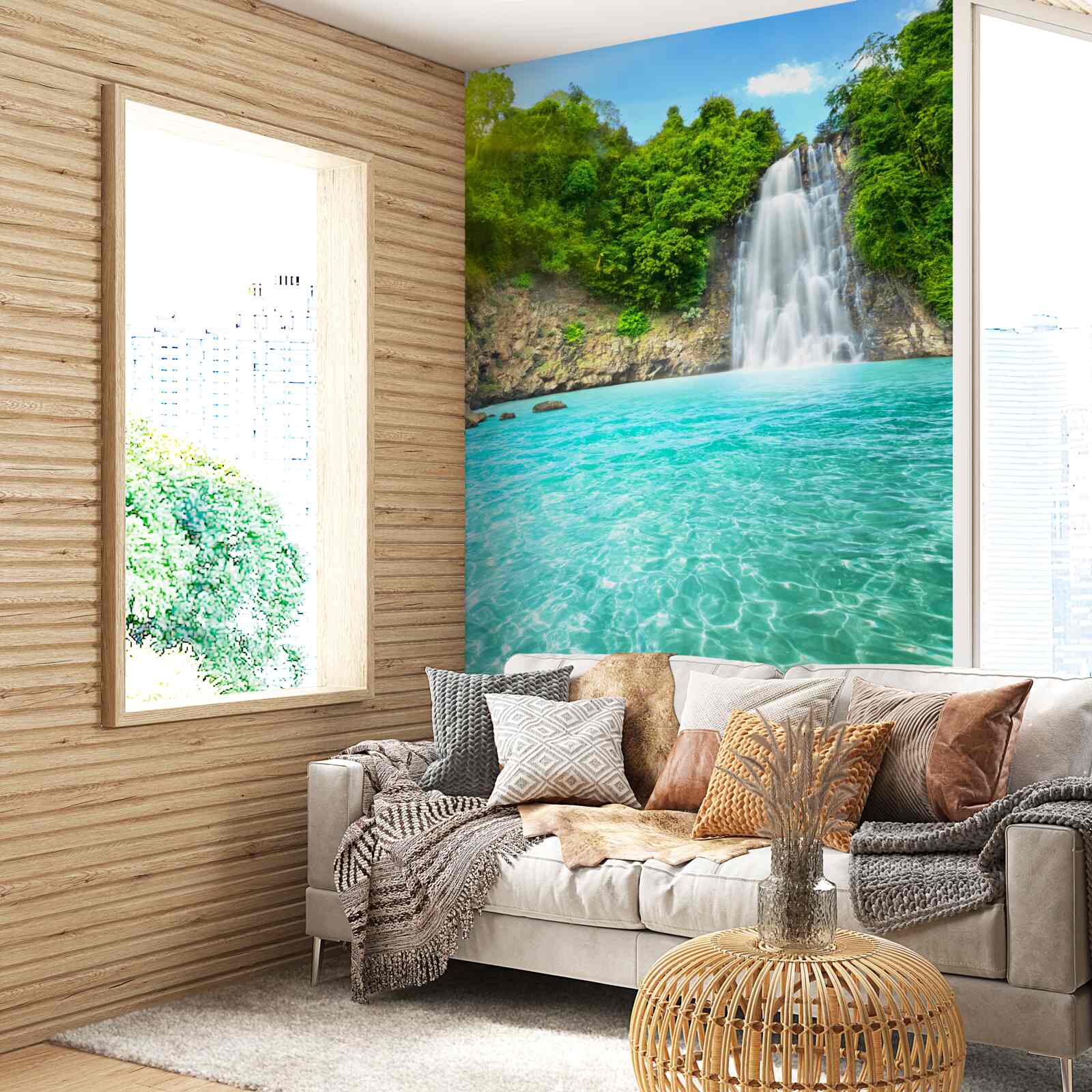 Papier peint une gracieuse cascade se jette dans un lac bleu