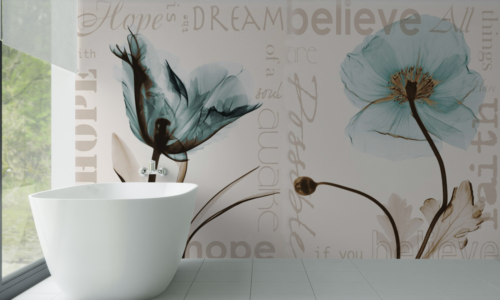 Papier peint fleurs dans des tons clairs et texte sur fond clair