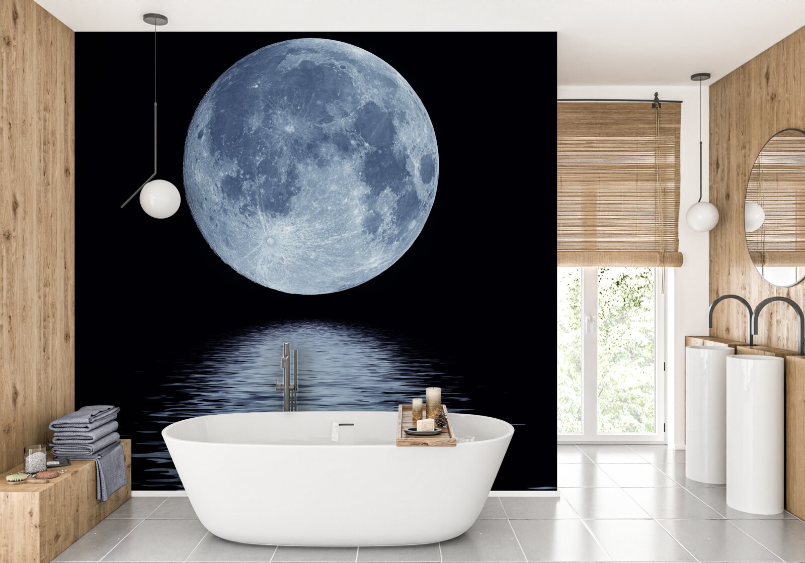 Papier peint la pleine lune est visible dans le reflet de l'eau de mer