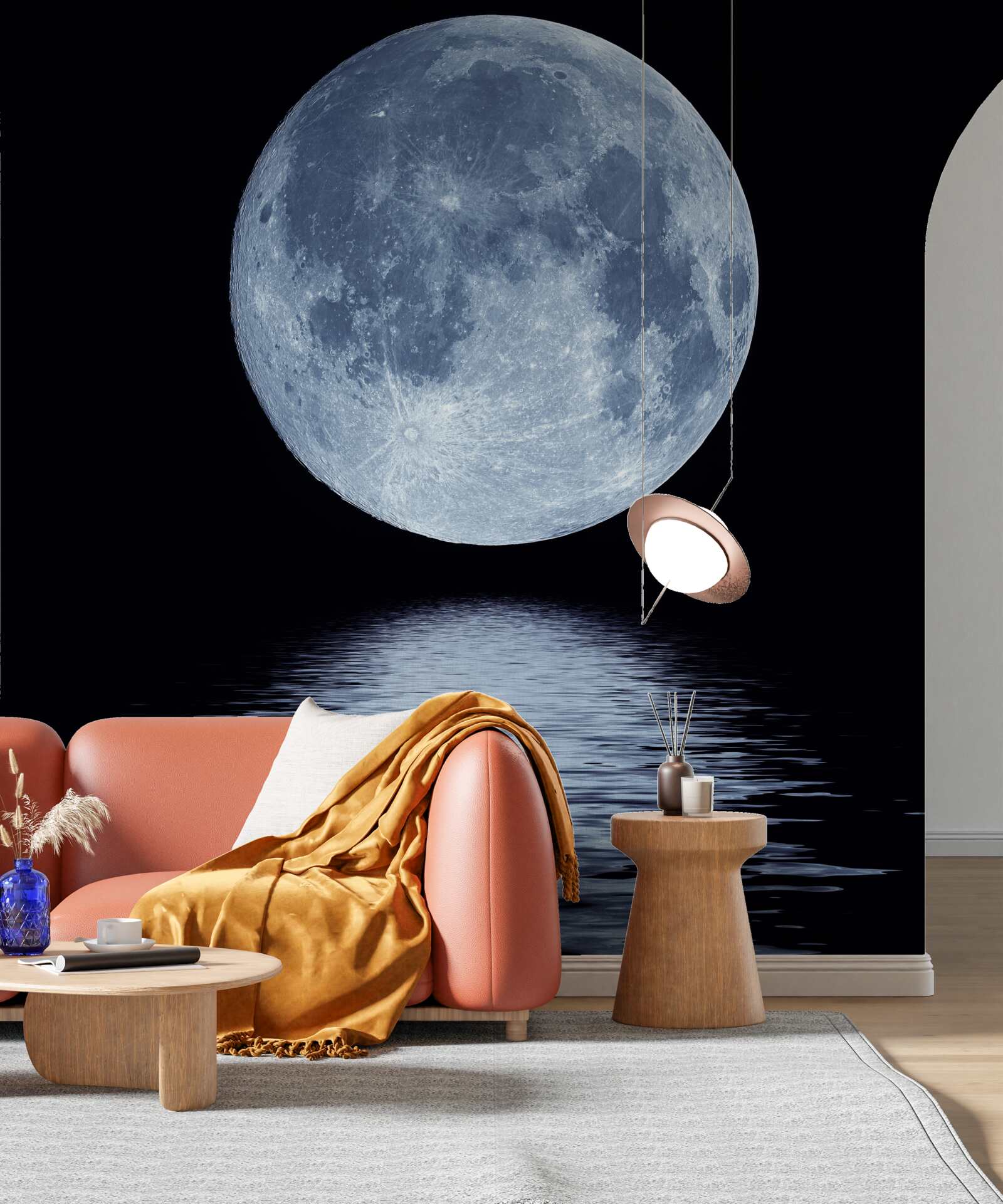 Papier peint la pleine lune est visible dans le reflet de l'eau de mer