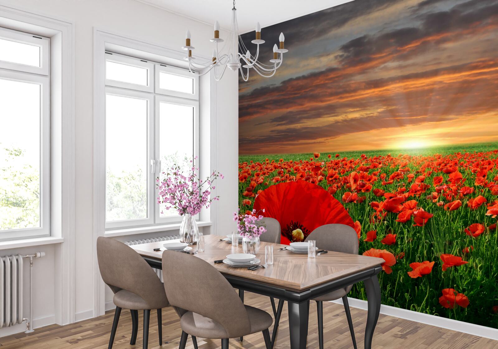 Papier peint le coucher de soleil disparaît sur un champ de coquelicots rouges