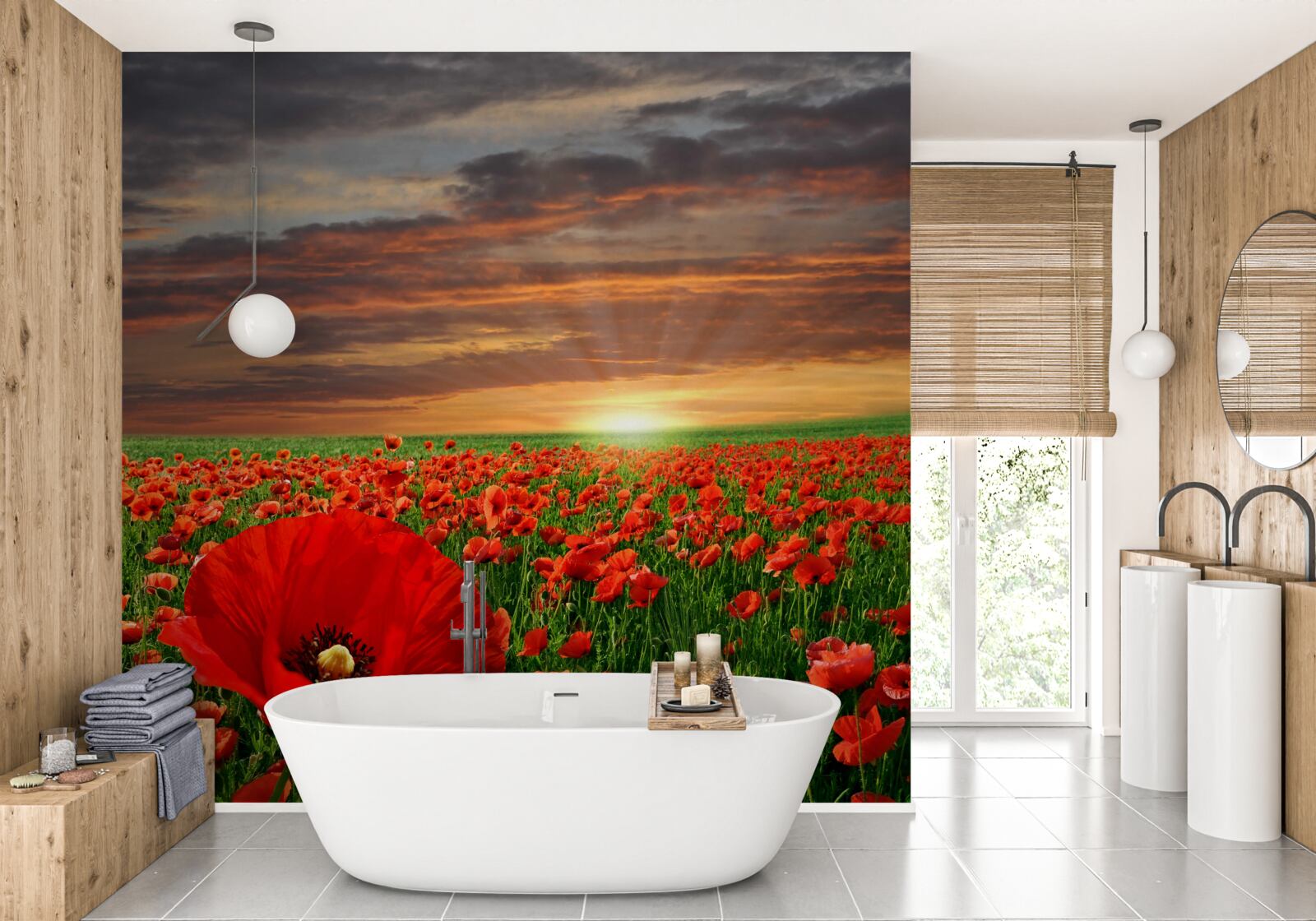 Papier peint le coucher de soleil disparaît sur un champ de coquelicots rouges