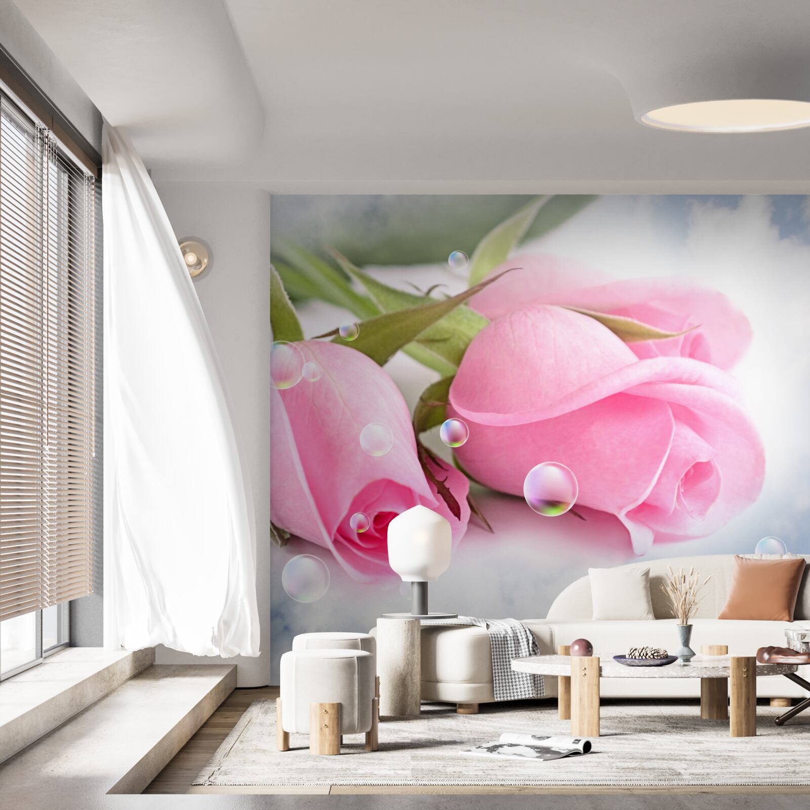 Papier peint roses roses avec gouttes de rosée sur fond de soie