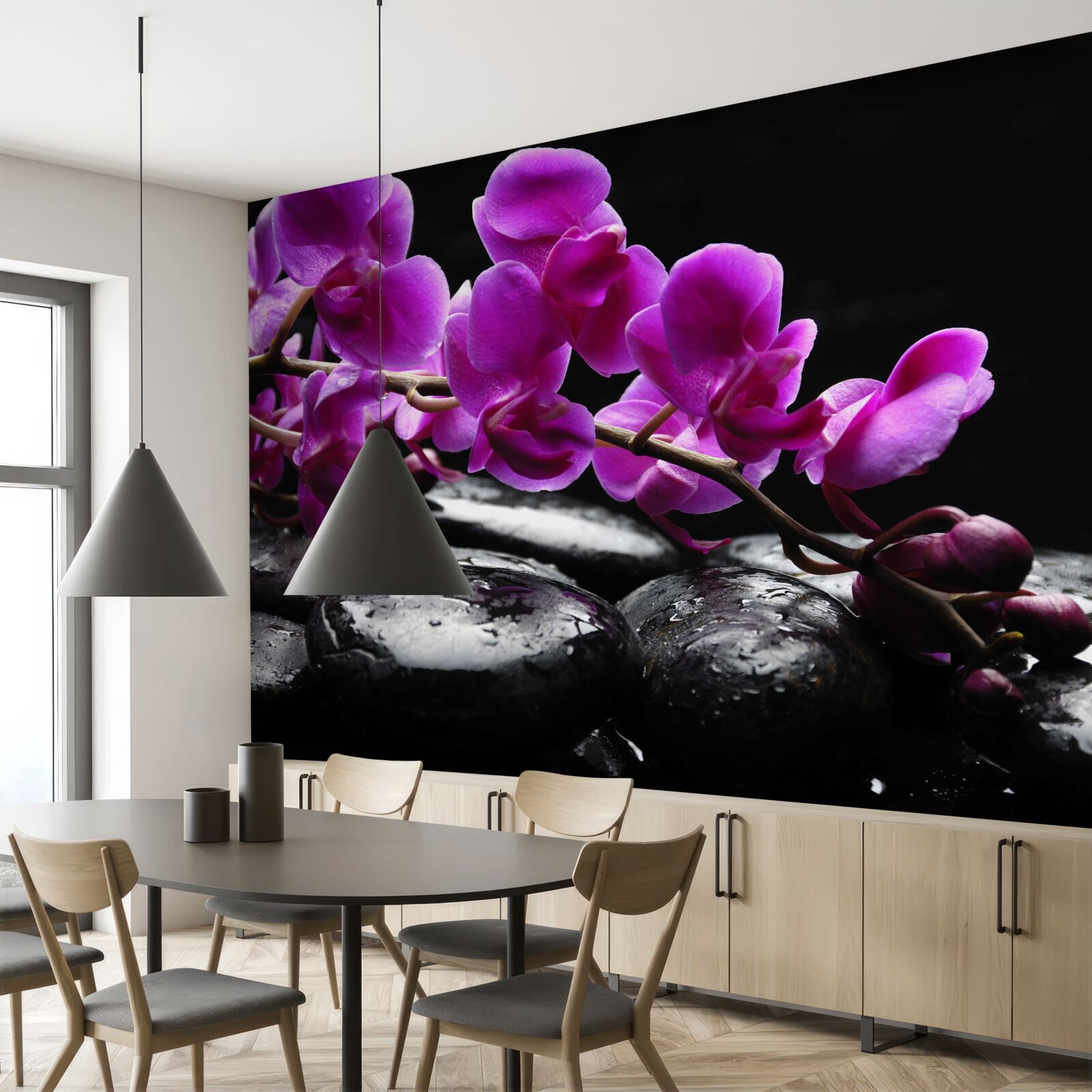 Papier peint pierre noire avec branche d'orchidée violette