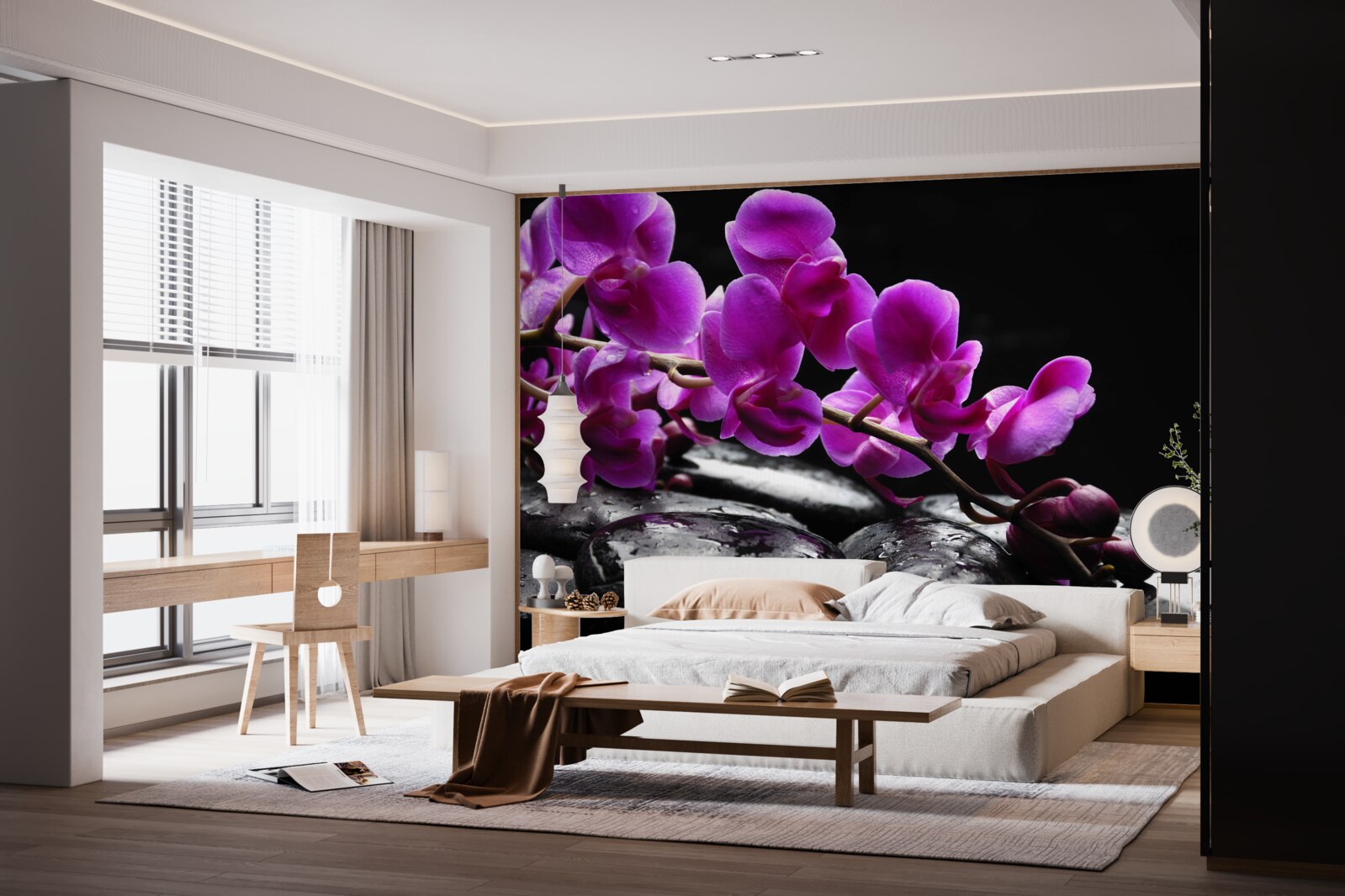 Papier peint pierre noire avec branche d'orchidée violette