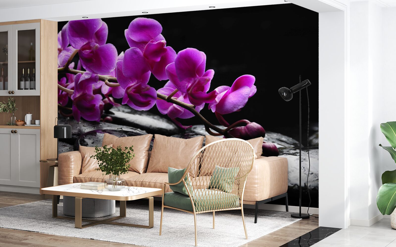 Papier peint pierre noire avec branche d'orchidée violette