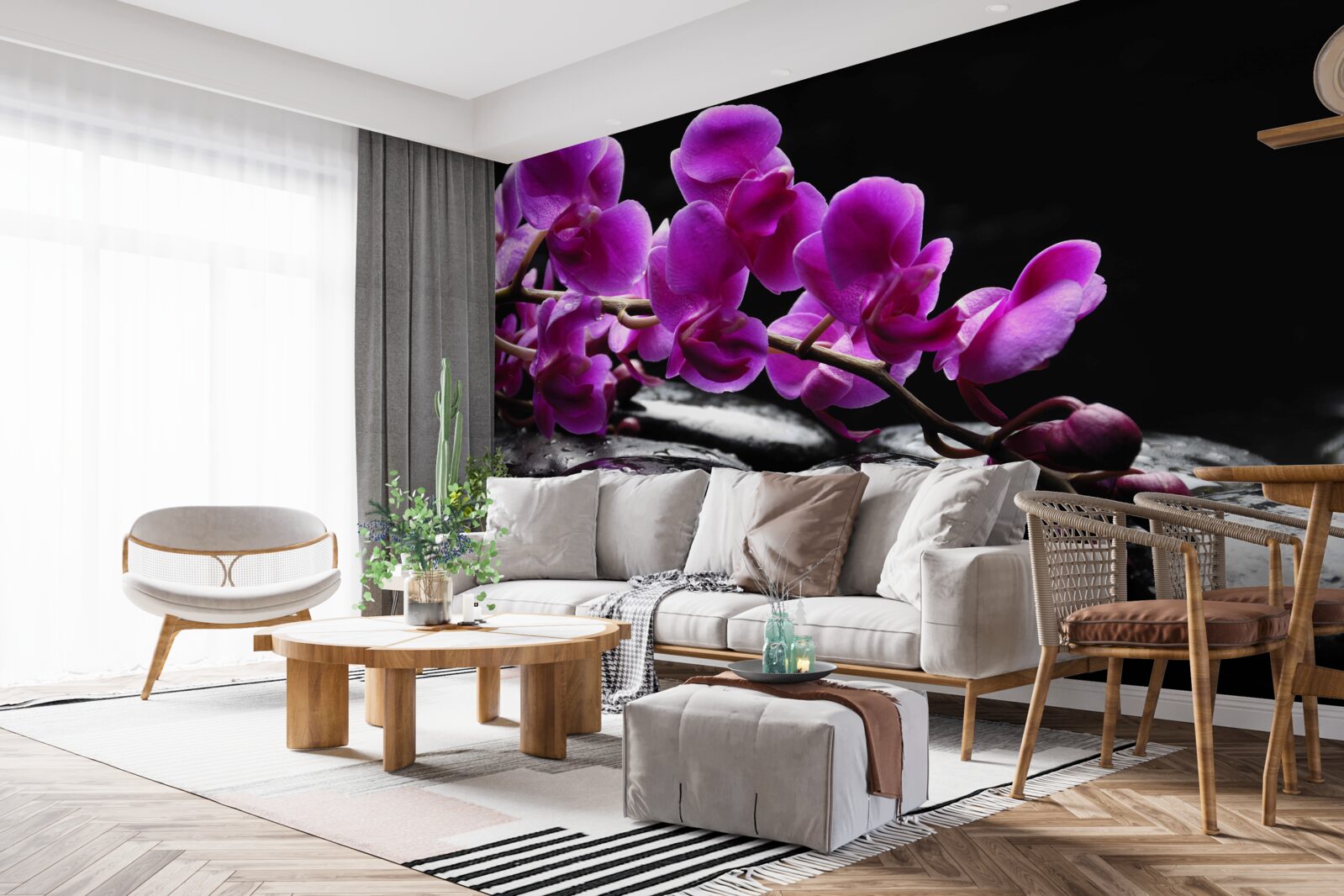 Papier peint pierre noire avec branche d'orchidée violette
