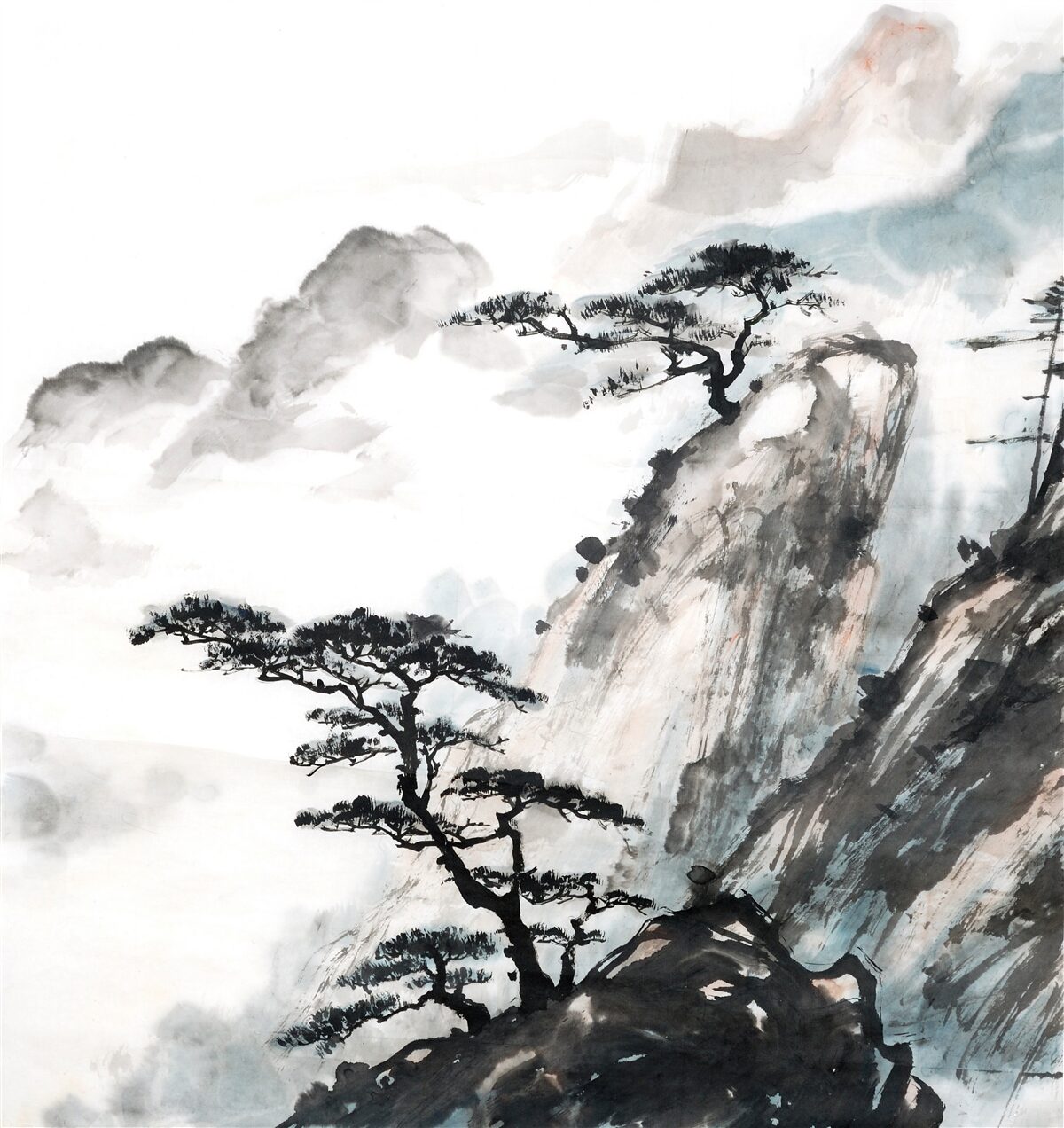 Papier peint aquarelle représentant une cascade et des arbres solitaires