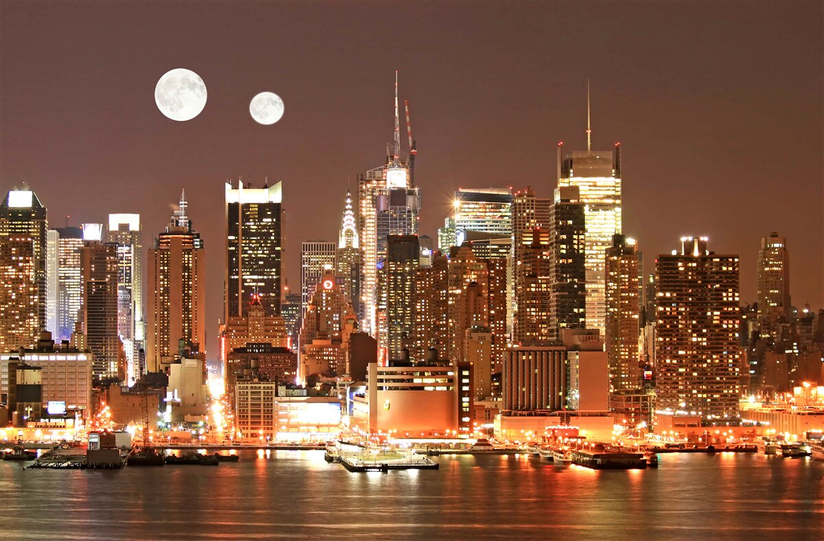 Papier peint le soleil et la lune brillent au-dessus d'une grande ville