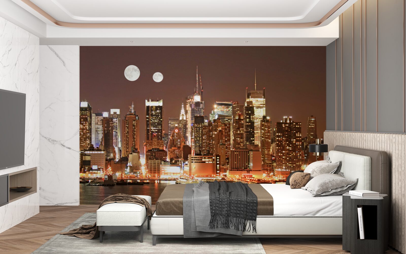 Papier peint le soleil et la lune brillent au-dessus d'une grande ville