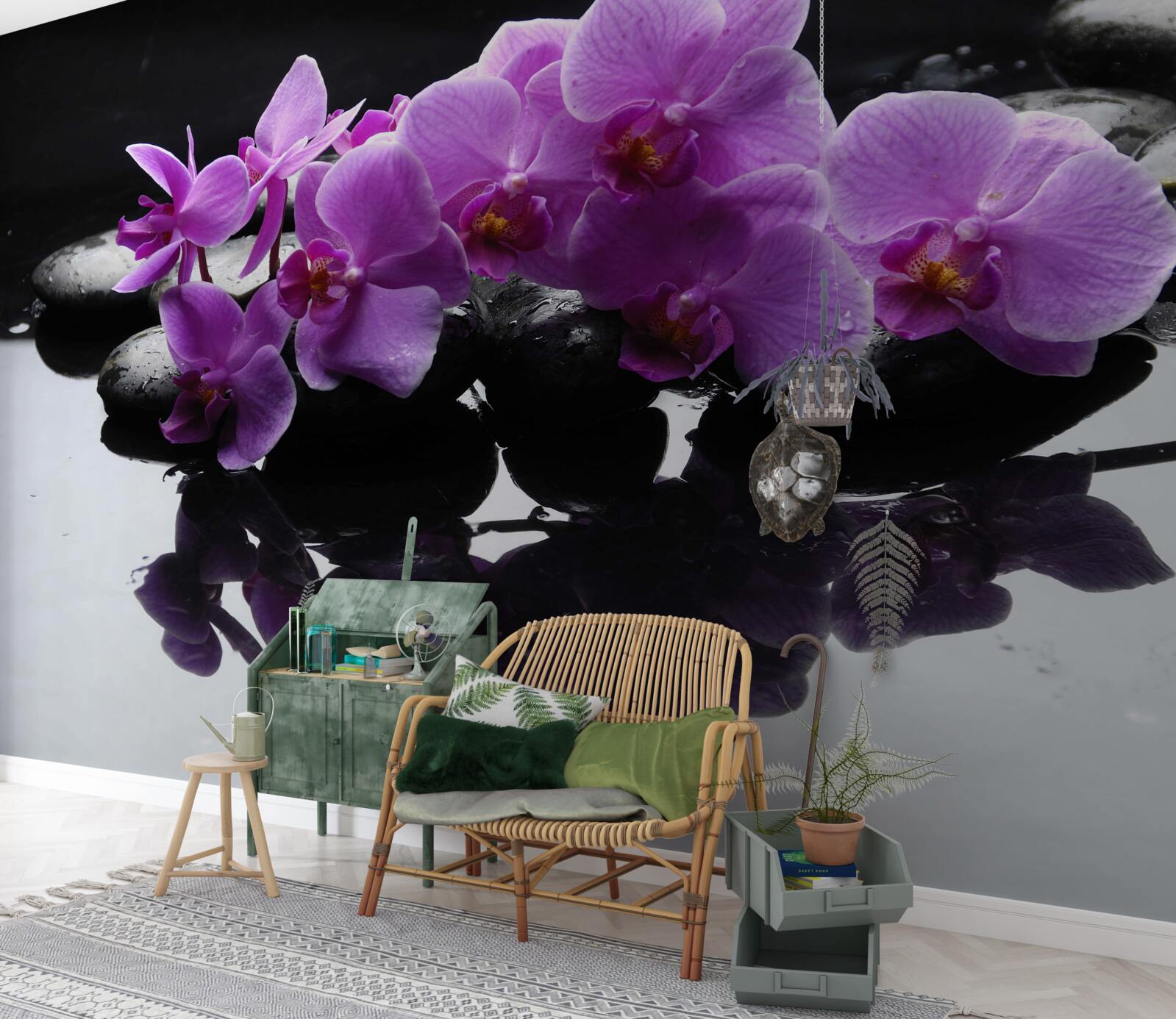 Papier peint orchidée lilas sur une pierre près de l'eau