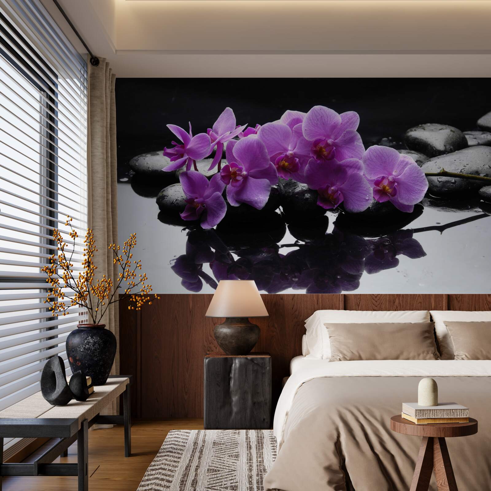 Papier peint orchidée lilas sur une pierre près de l'eau