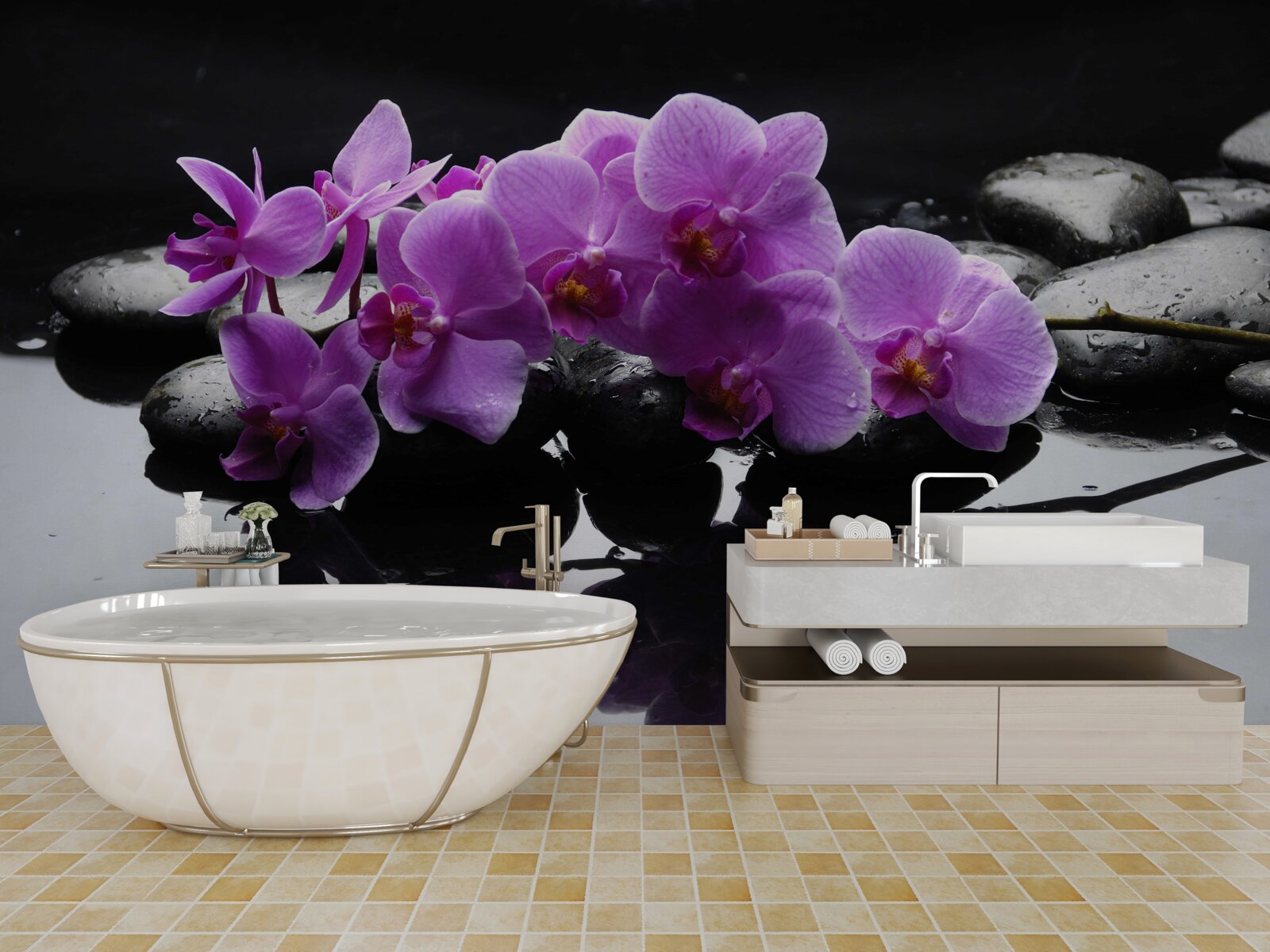 Papier peint orchidée lilas sur une pierre près de l'eau