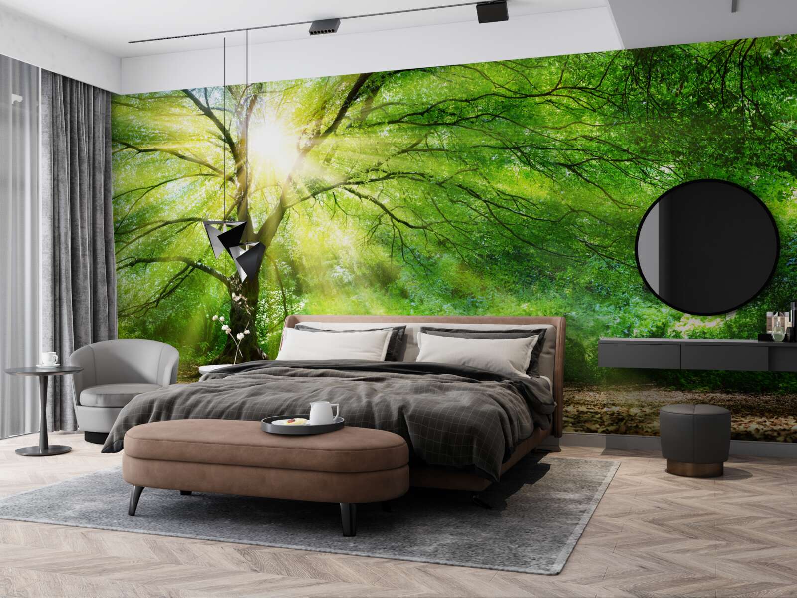 Papier peint de légers rayons de soleil percent à travers la couronne d'arbres luxuriants