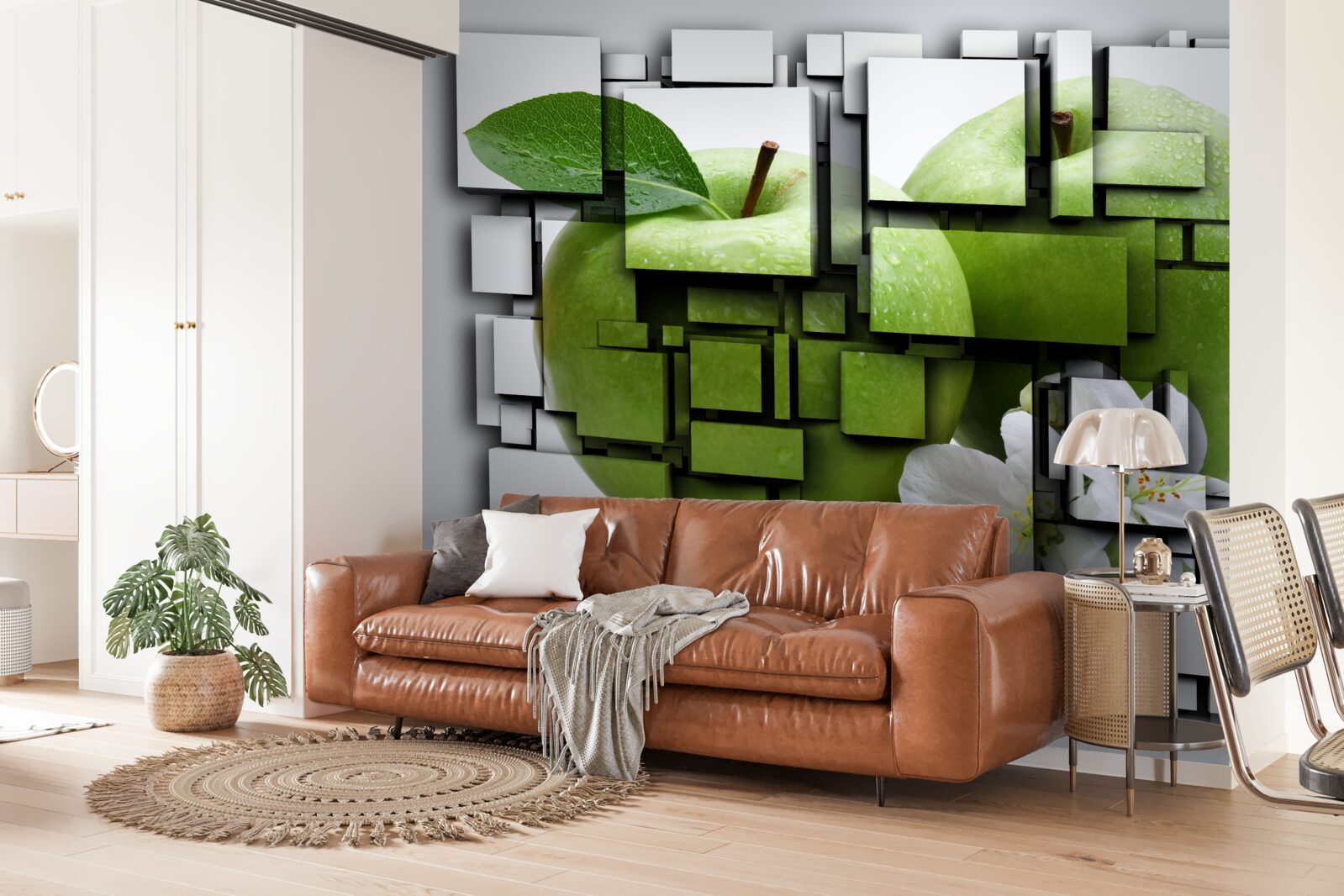 Papier peint composition de rectangles avec l'image d'une pomme verte