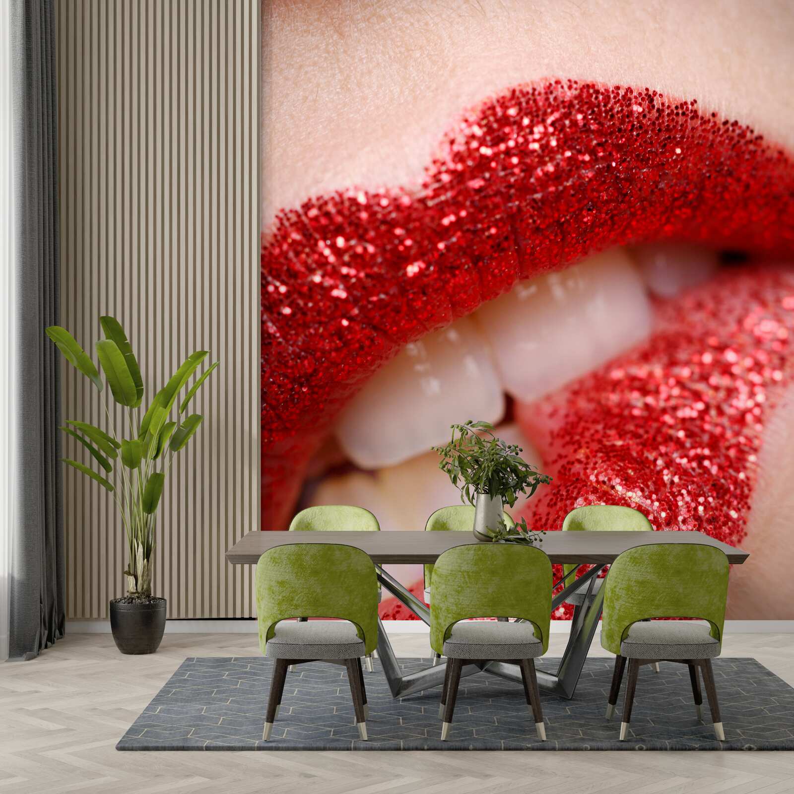 Papier peint lèvres rouges mordorées avec paillettes