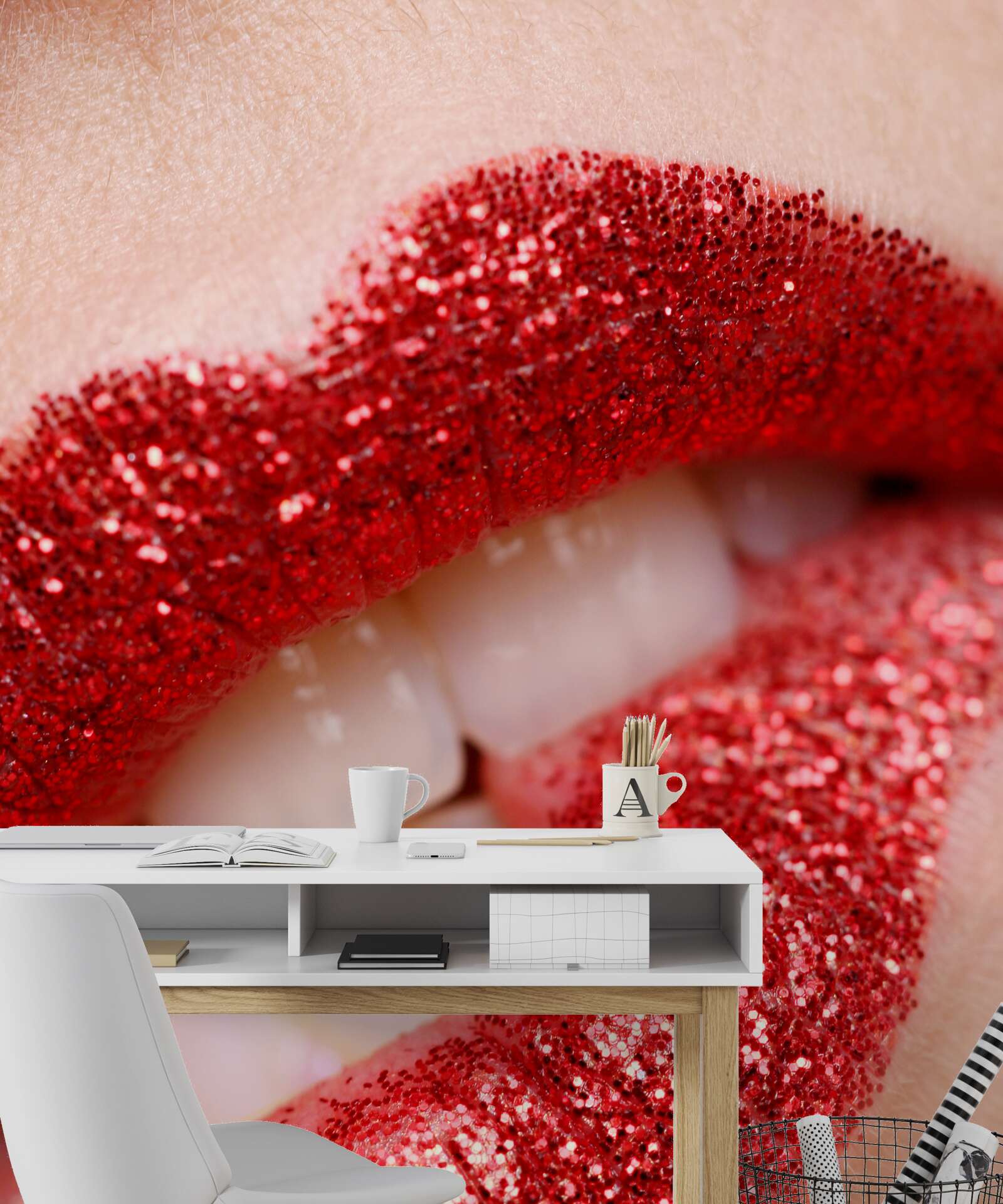 Papier peint lèvres rouges mordorées avec paillettes